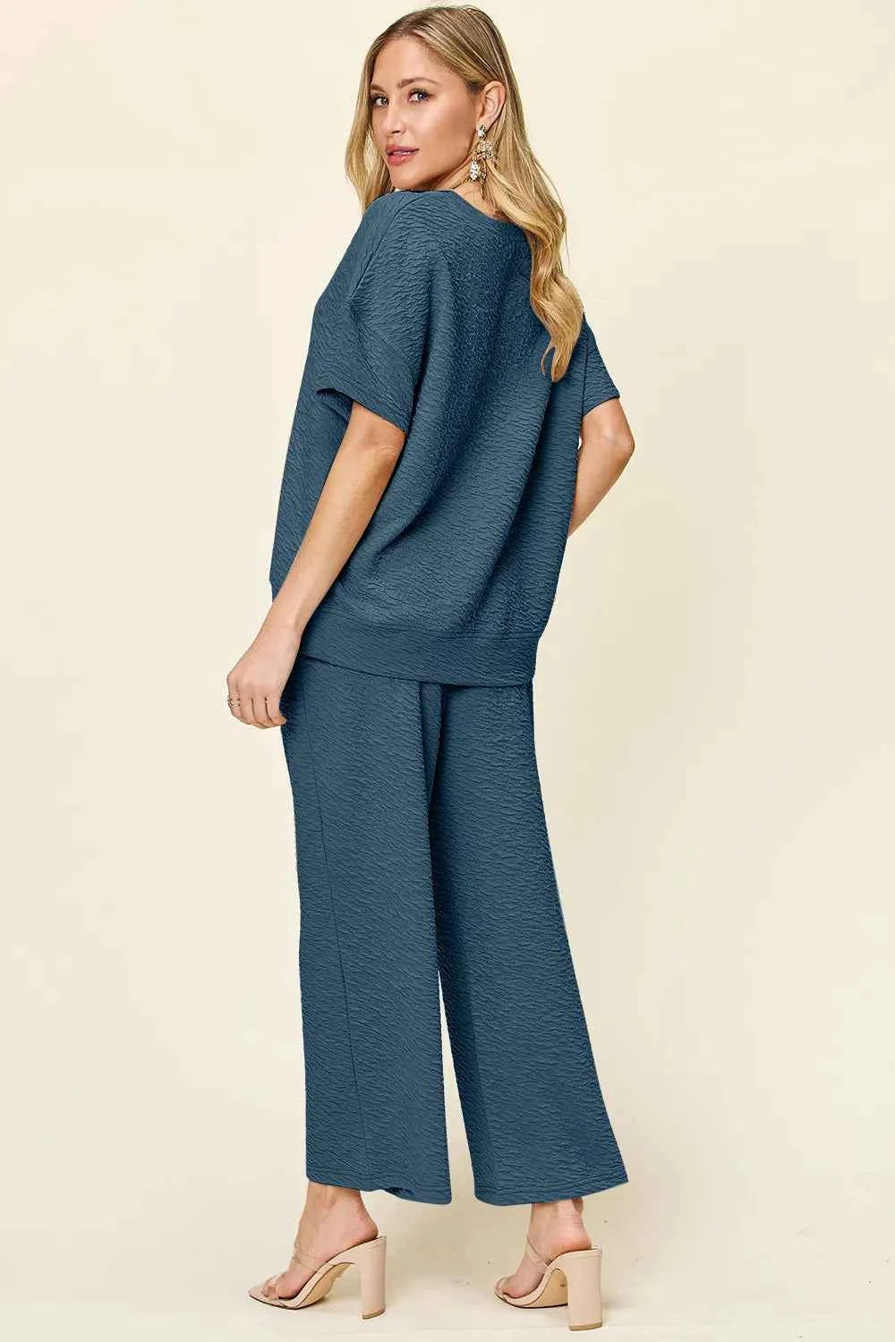 Double Take Full Size Texture Short Sleeve Top and Pants Set