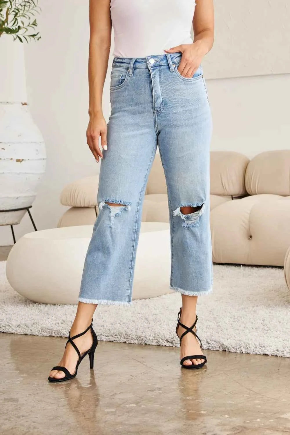 RFM Full Size Tummy Control High Waist Raw Hem Distressed Jeans