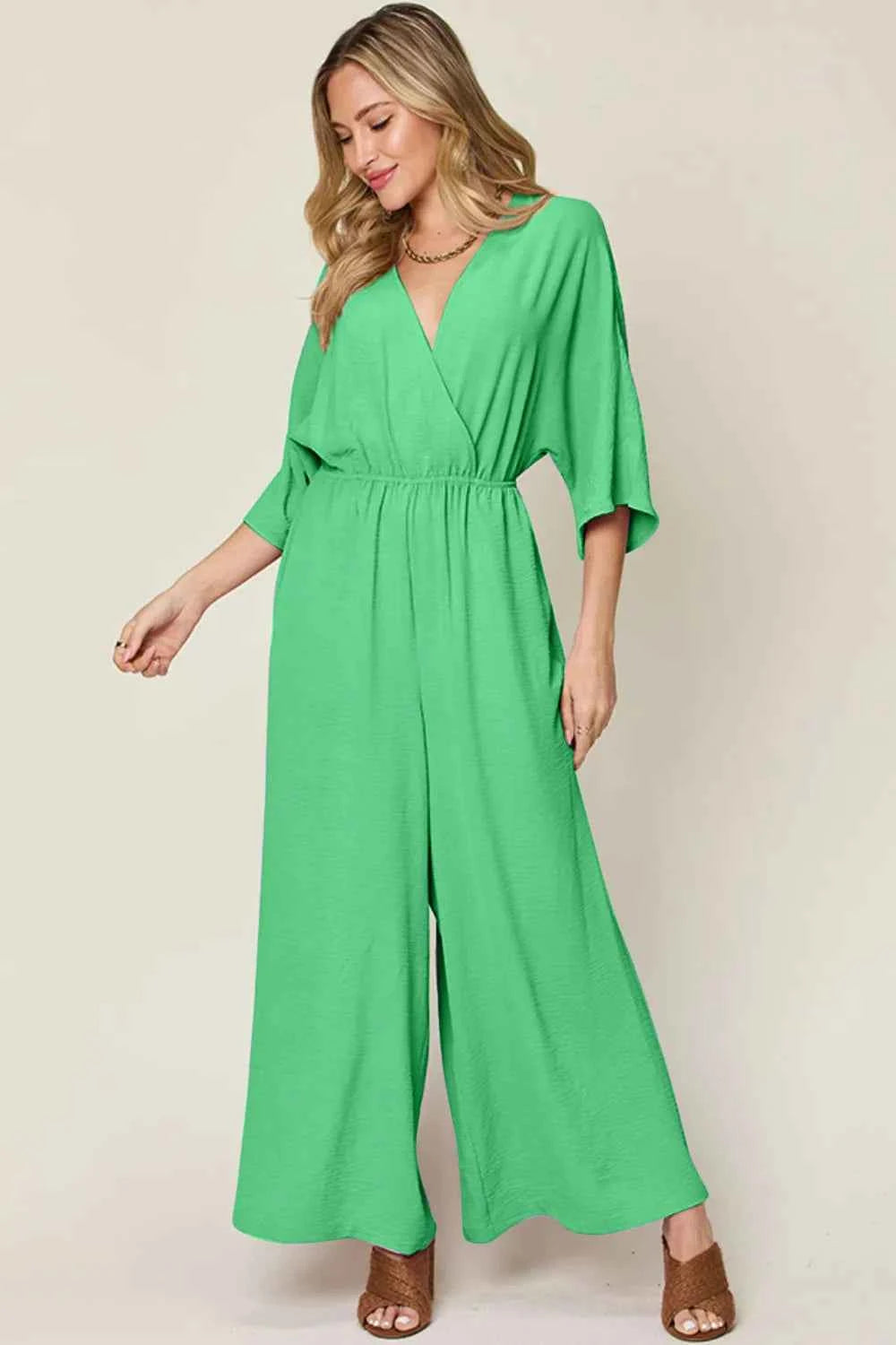 Double Take Full Size Surplice Wide Leg Jumpsuit with Pockets