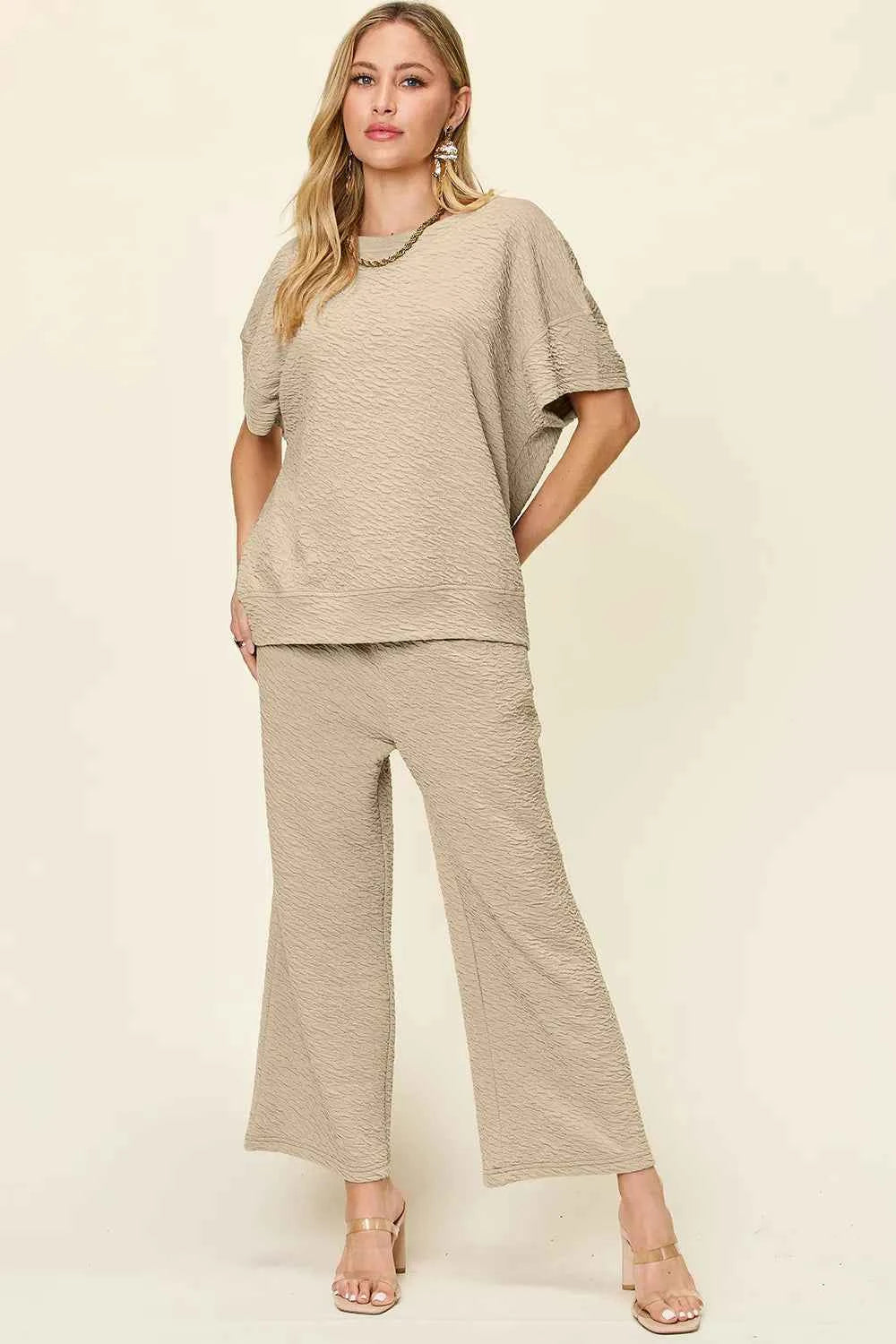 Double Take Full Size Texture Short Sleeve Top and Pants Set