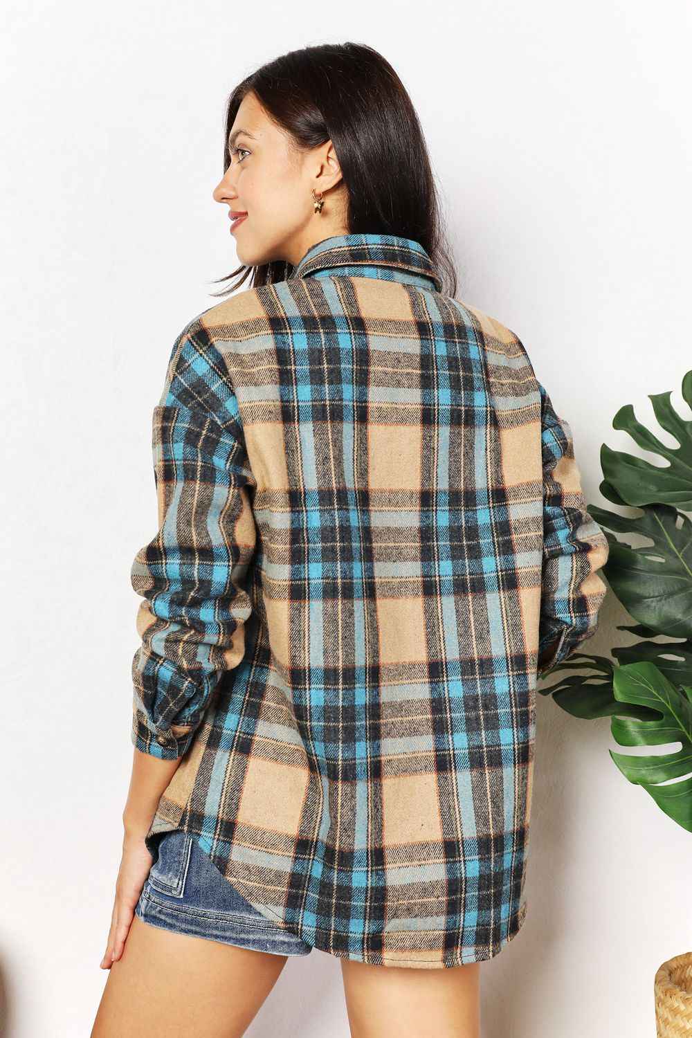 Double Take Plaid Curved Hem Shirt Jacket with Breast Pockets