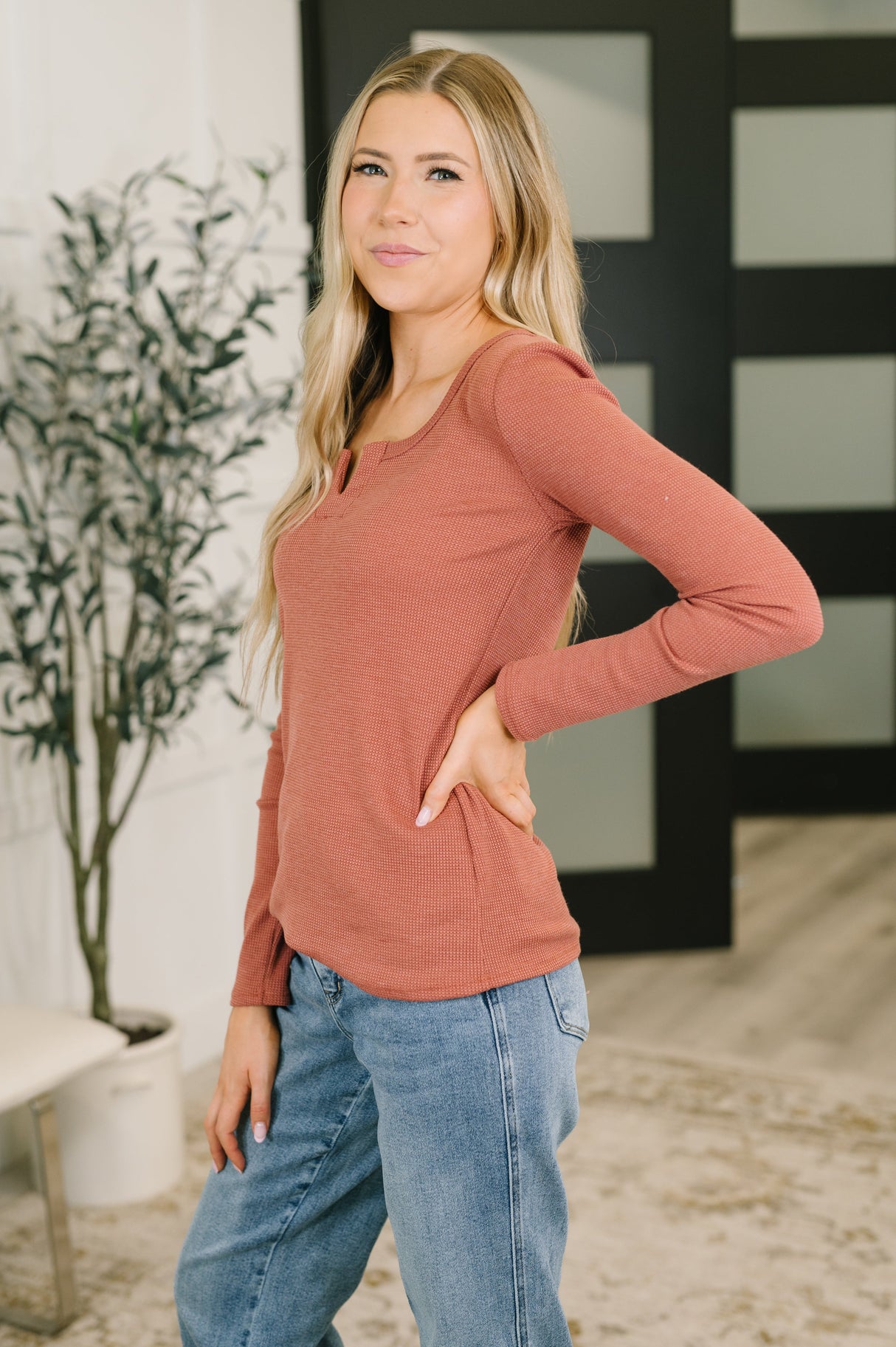 All That I Know Split Neck Top in Marsala