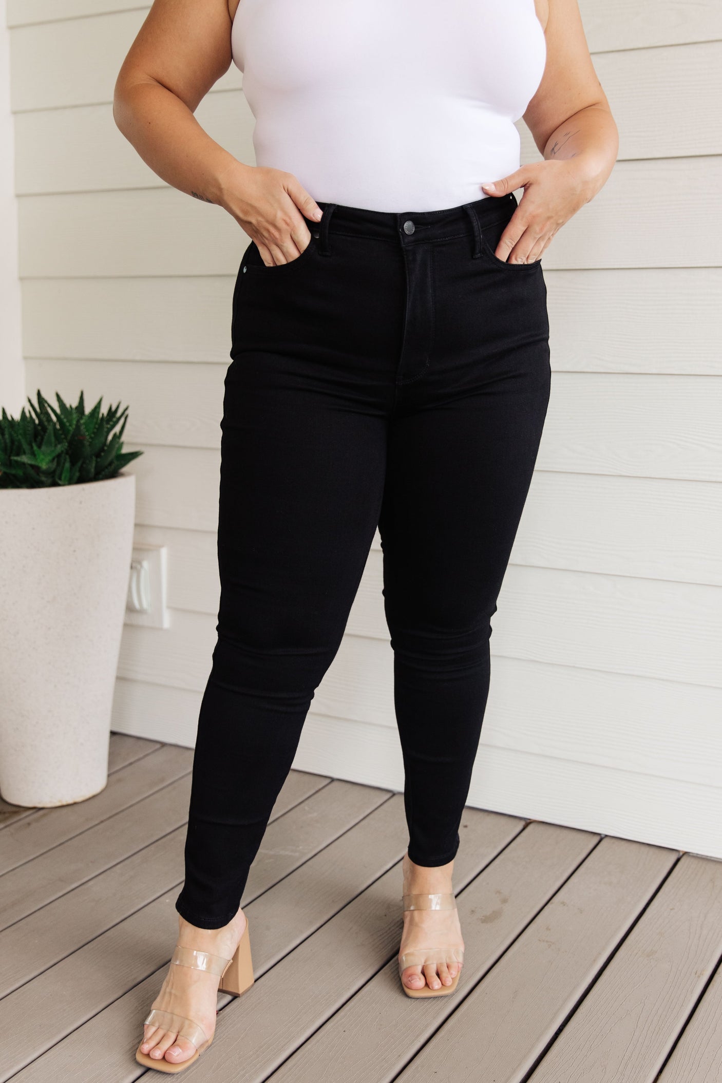 Audrey High Rise Control Top Classic Skinny Jeans in Black - Liarian Unlimited Boutique