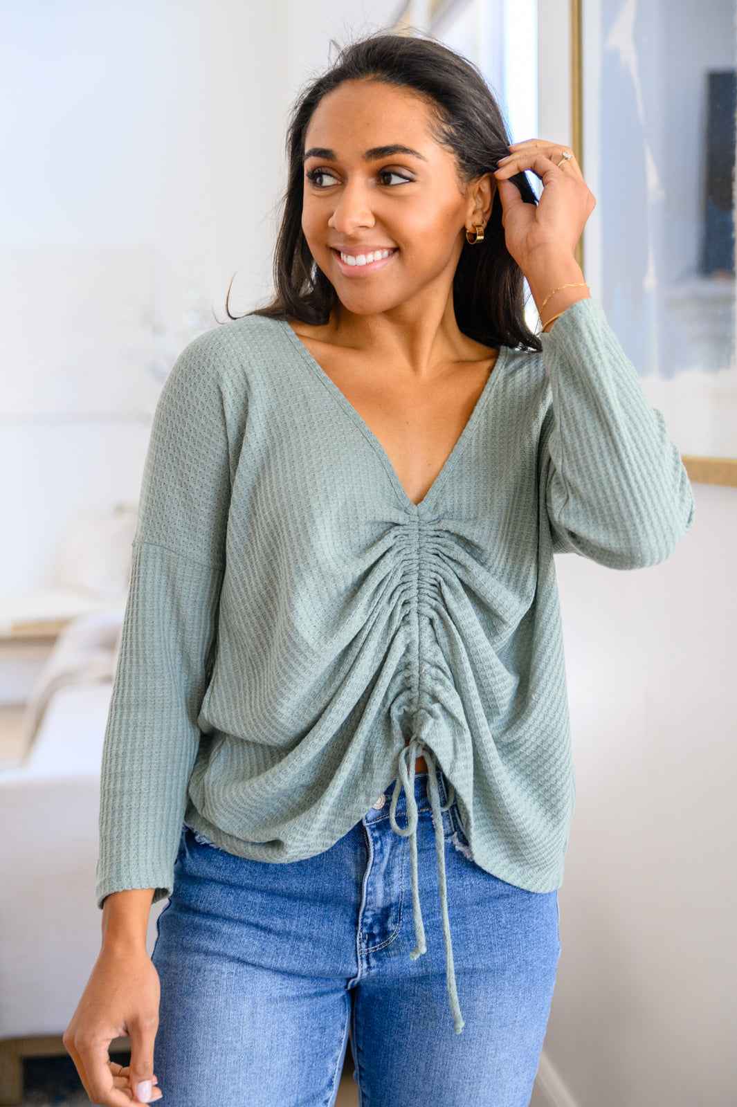 Austin Waffle Knit Basic Top In Sage - Liarian Unlimited Boutique