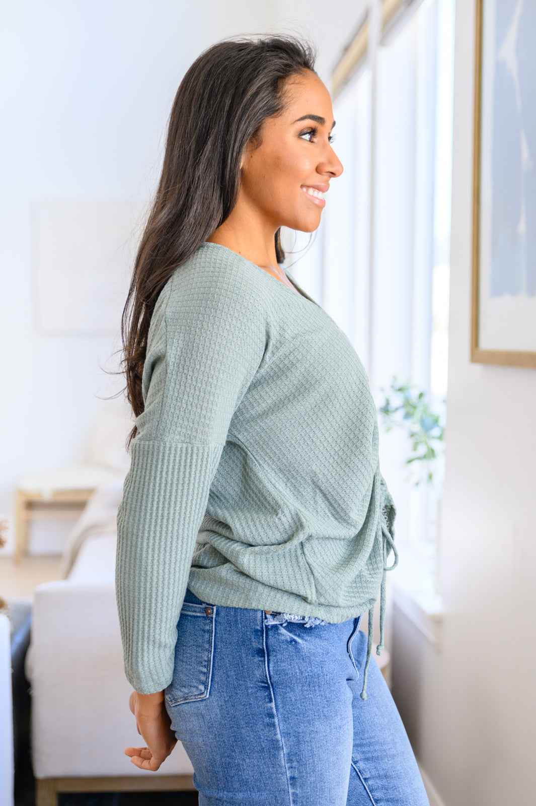 Austin Waffle Knit Basic Top In Sage - Liarian Unlimited Boutique