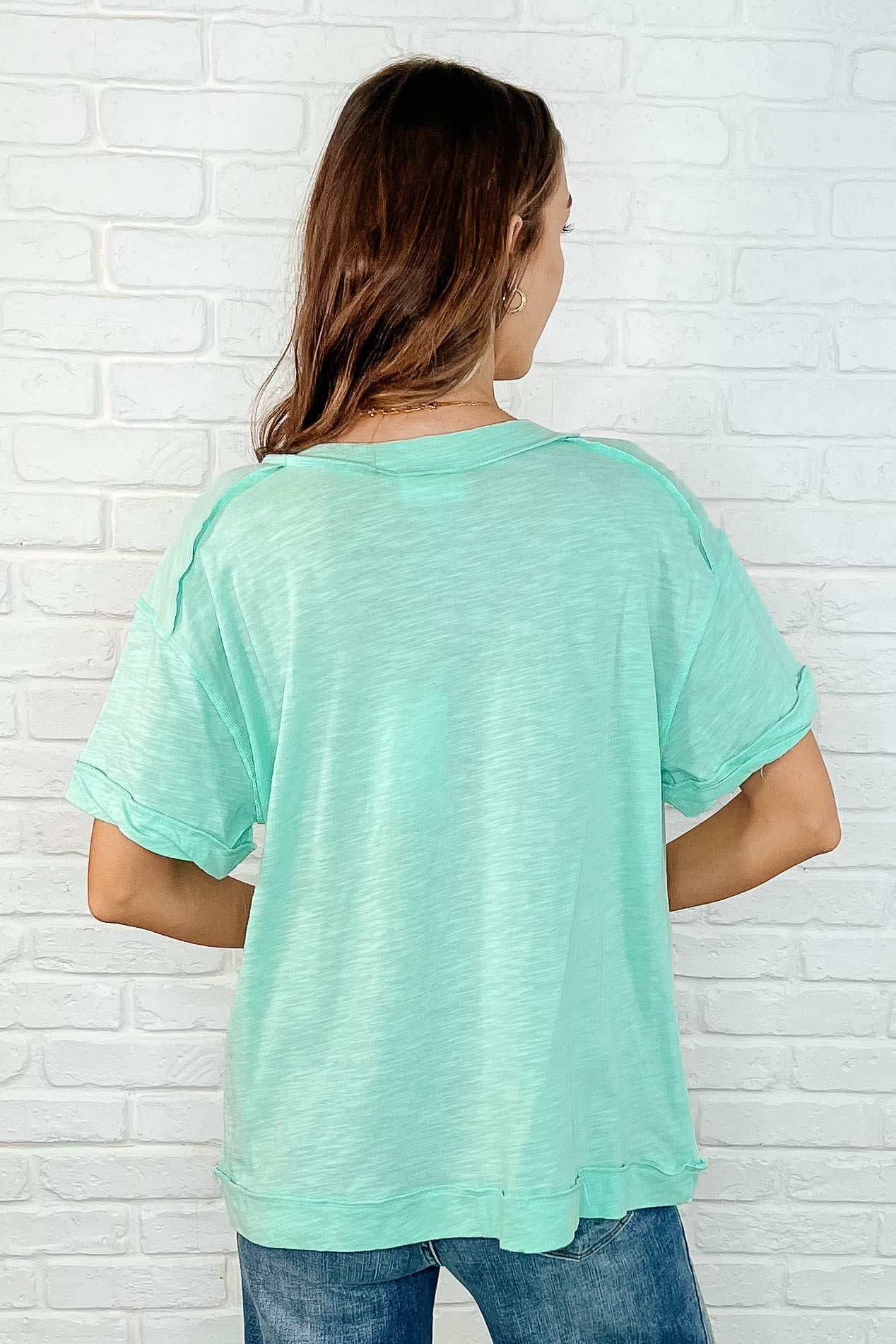 Basic Instinct Drop Shoulder V-Neck Tee in Mint