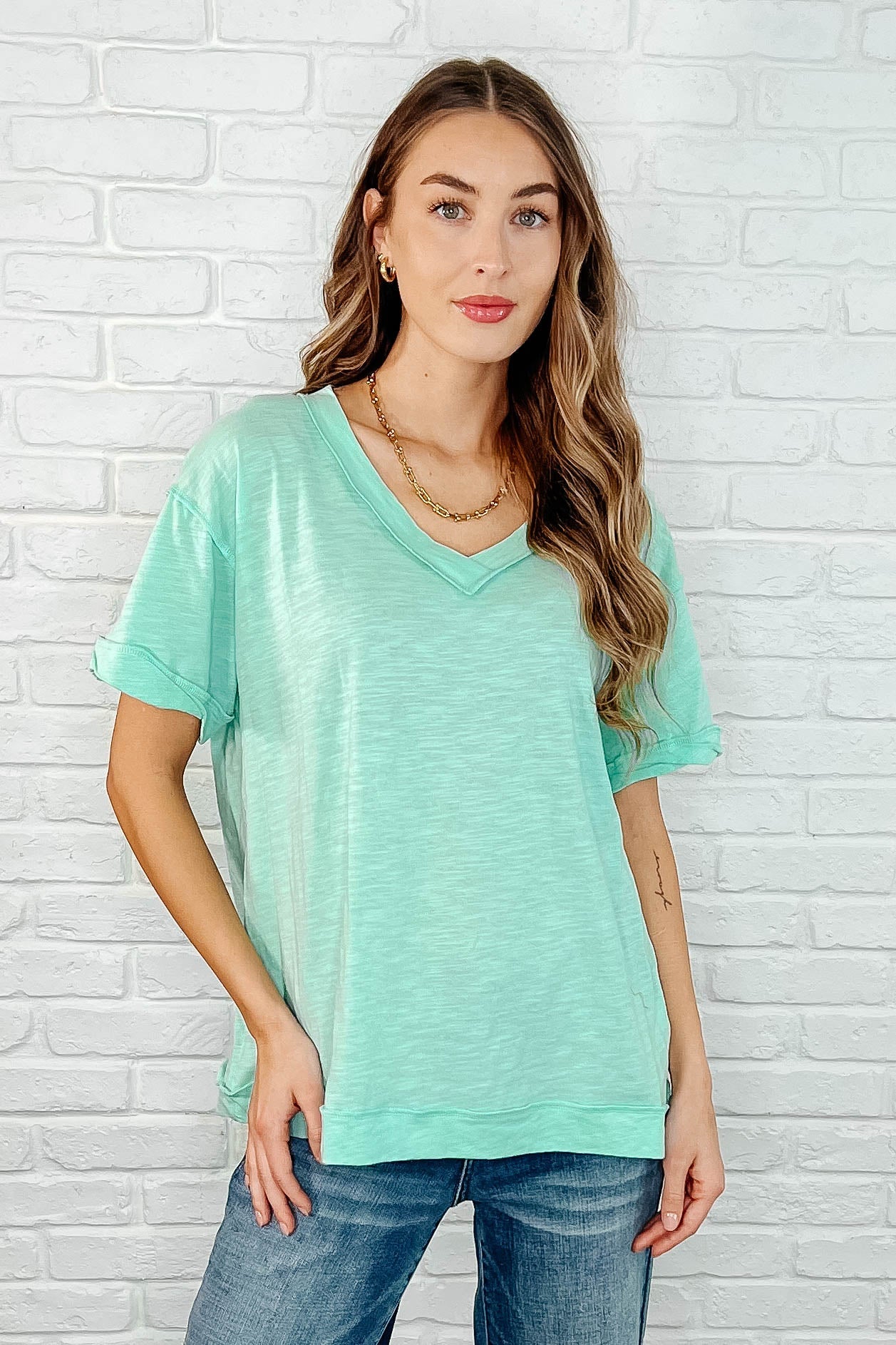 Basic Instinct Drop Shoulder V-Neck Tee in Mint
