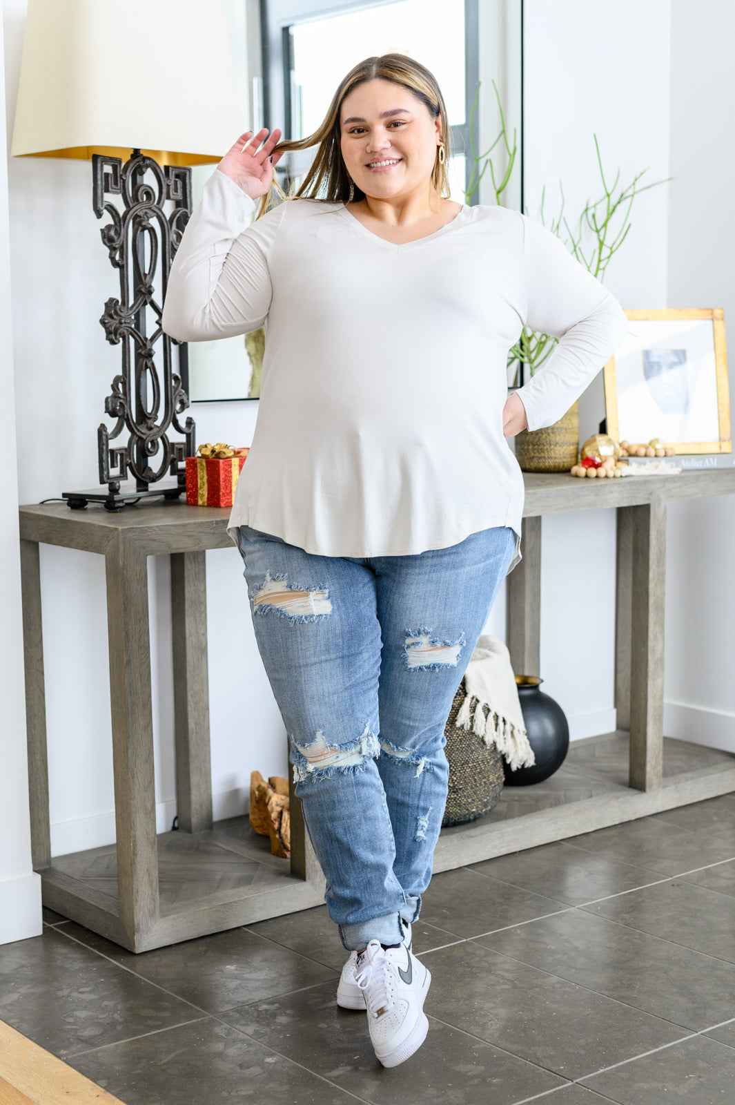 Basics Are Best Long Sleeve V-Neck Top in Bone - Liarian Unlimited Boutique