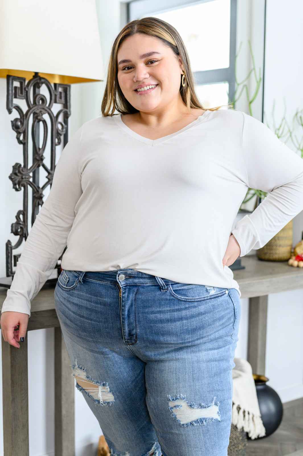 Basics Are Best Long Sleeve V-Neck Top in Bone - Liarian Unlimited Boutique