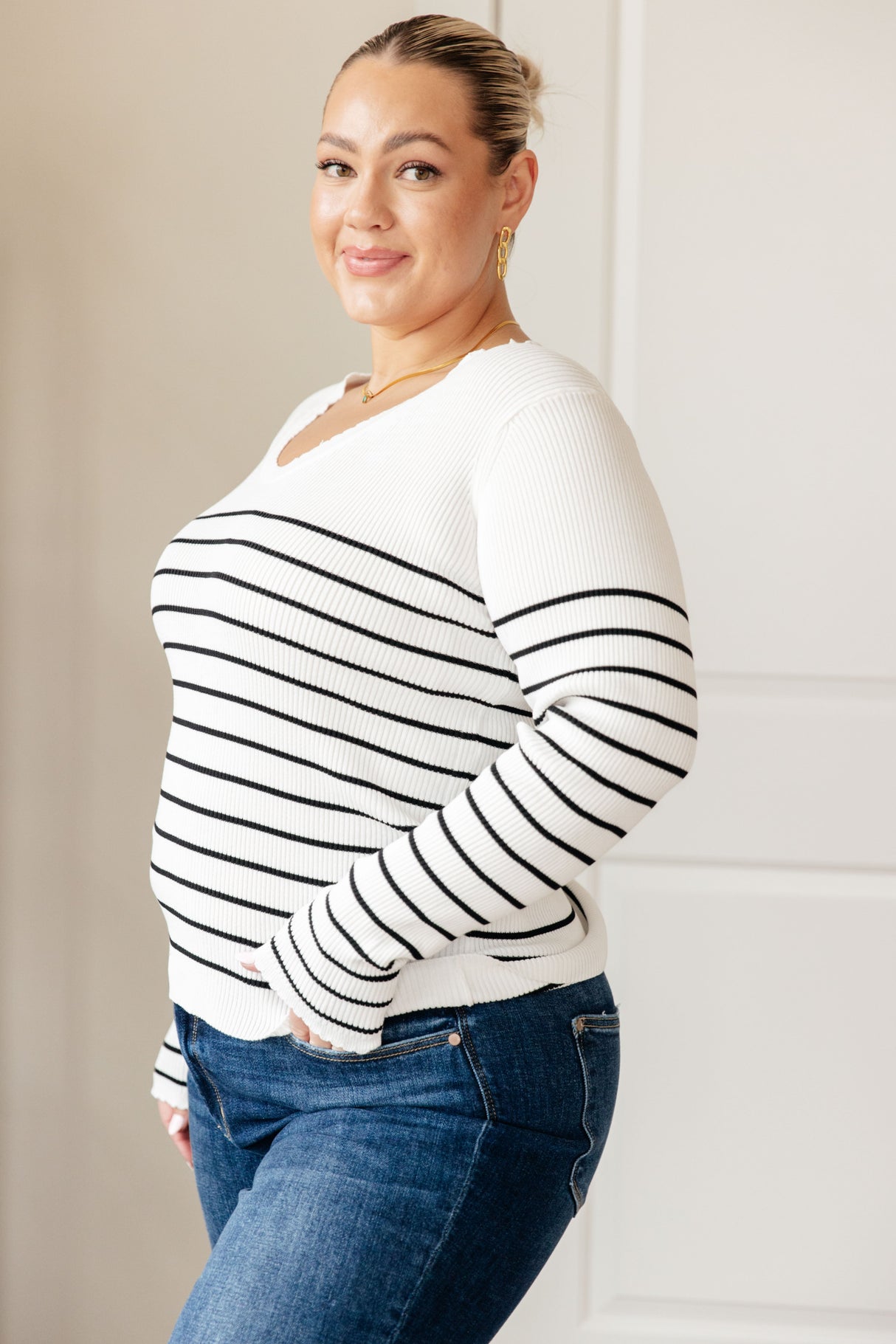 Be Still V-Neck Striped Sweater - Liarian Unlimited Boutique