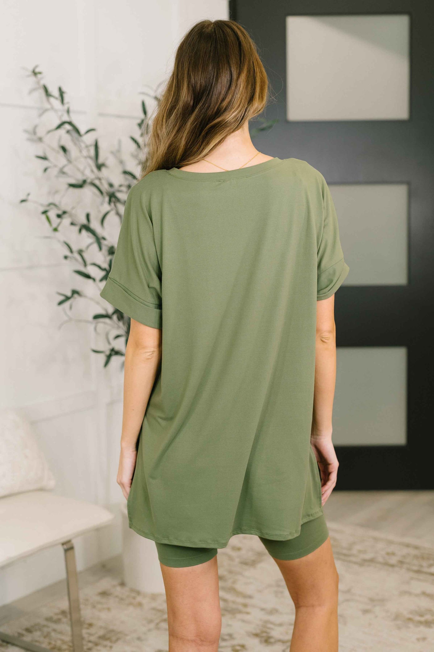 Buttery Soft V-Neck Bike Short Set in Light Olive