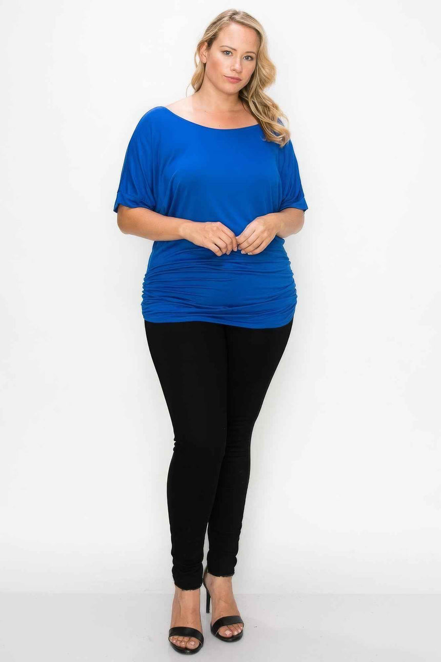 Short Sleeve Top Featuring A Round Neck And Ruched Sides