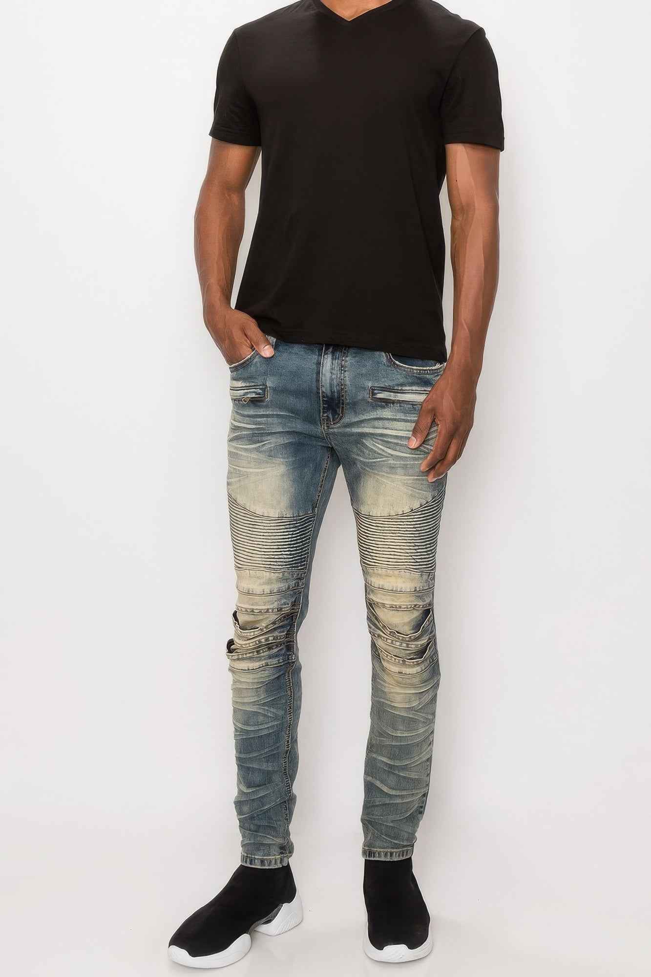Men Creased Biker Denim Jeans