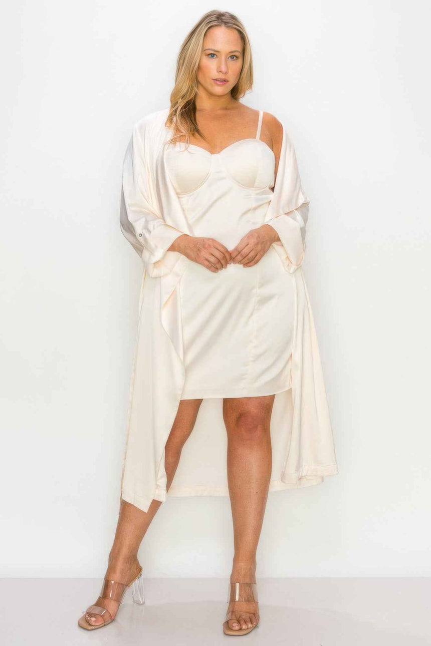 Satin Strap Dress With Self Belt Coat Set
