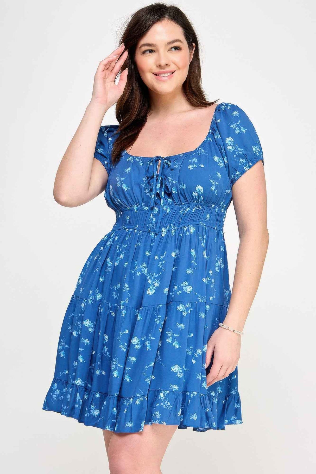 Floral Front-tie Elastic Waist Ruffle Dress