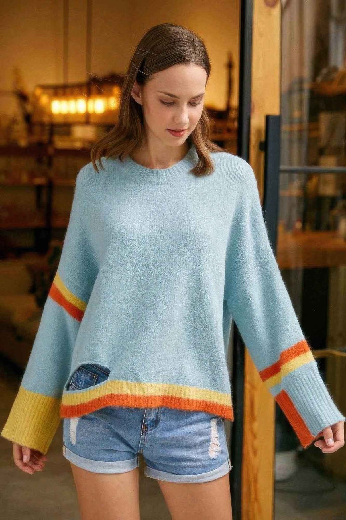 Color Block Sweater With Cut Out