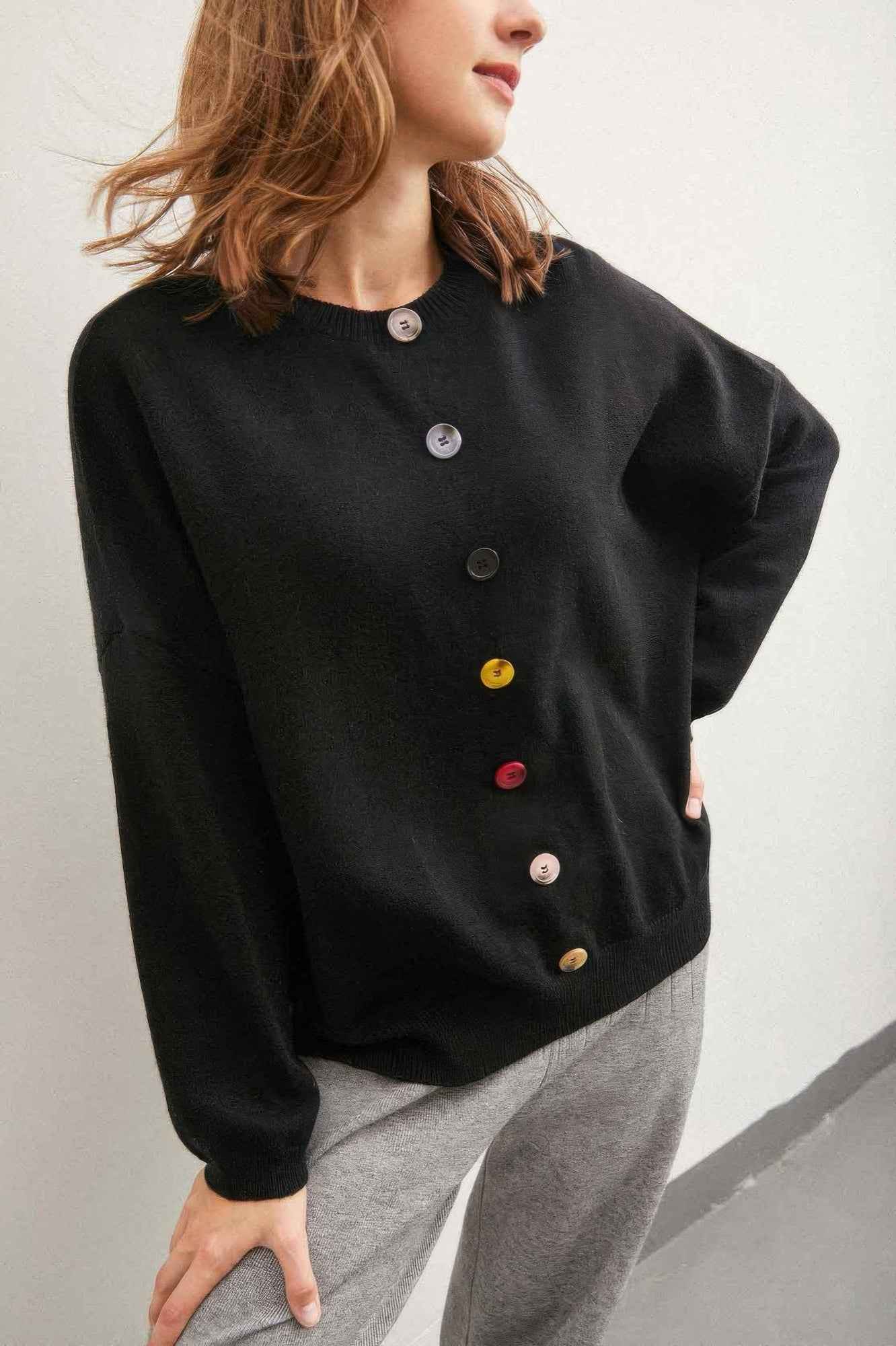 Solid Sweater With Colorful Buttons