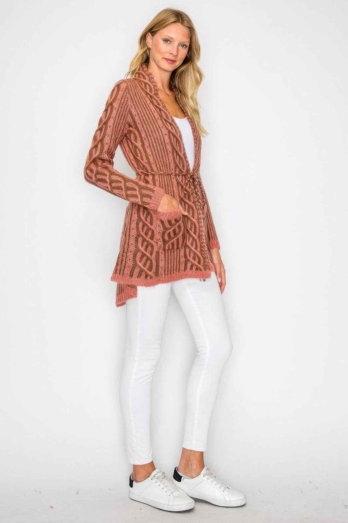 Open Wool Cardigan With Belt String & Front Pocket