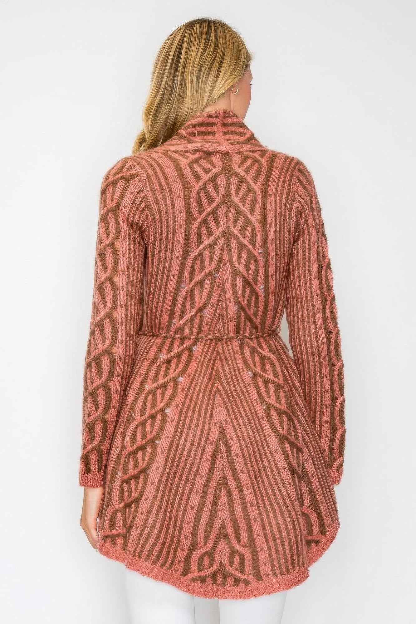 Open Wool Cardigan With Belt String & Front Pocket