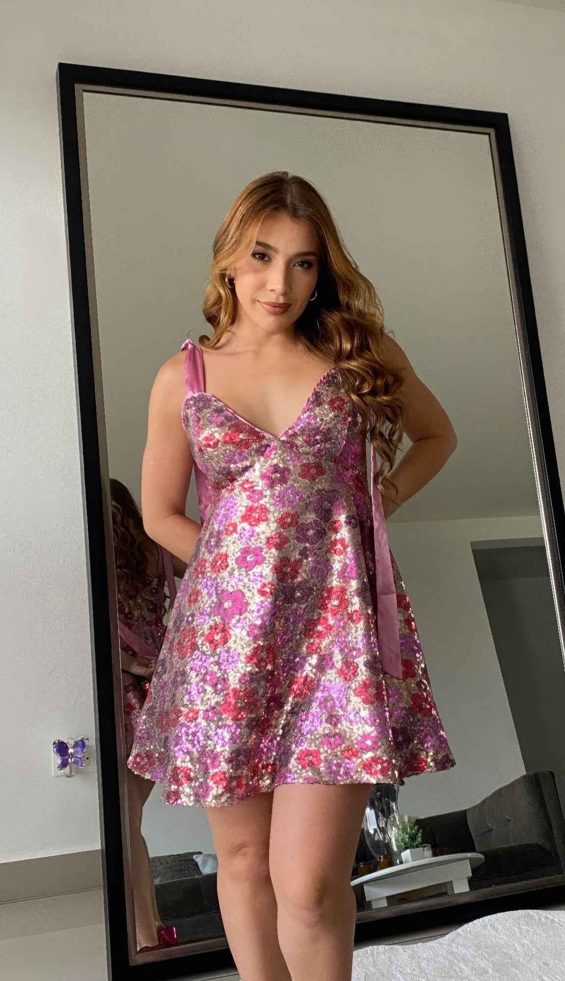 Women's Sequin Floral Mini Dress Ties On Shoulders
