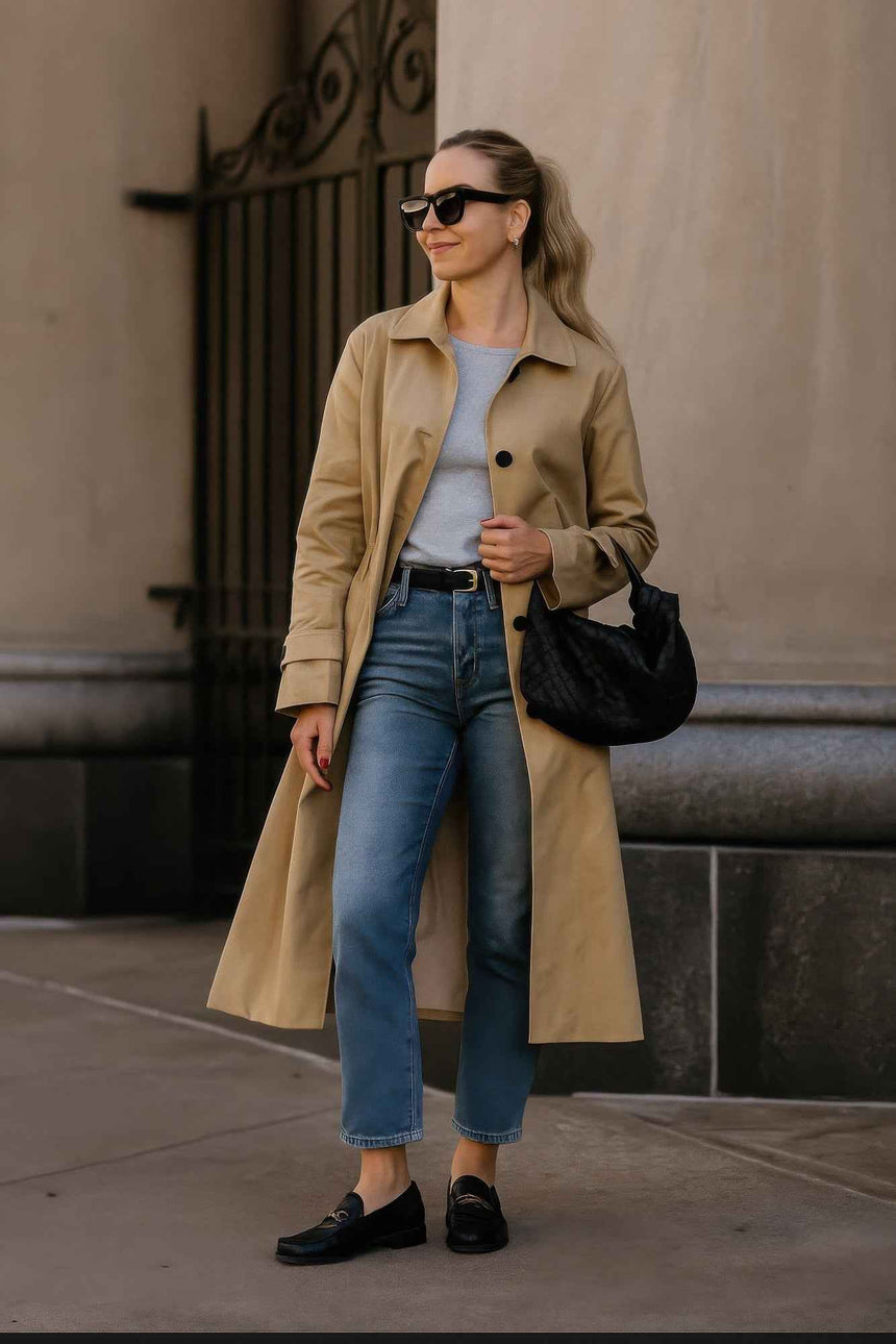 Solid Long Sleeve Trench Coat Woman Lined