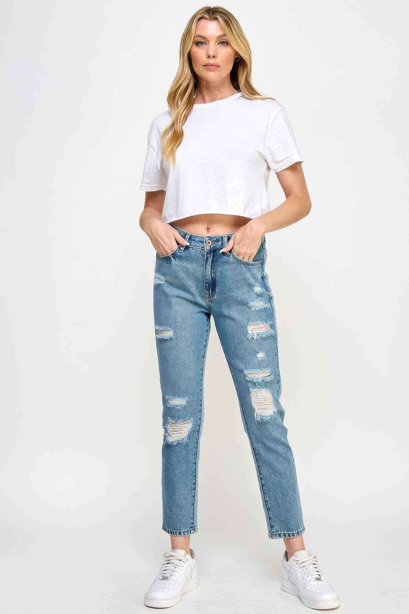 High Rise Distressed Relaxed Straight