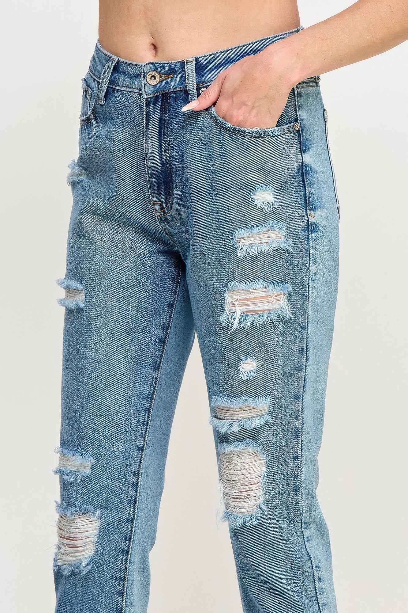 High Rise Distressed Relaxed Straight