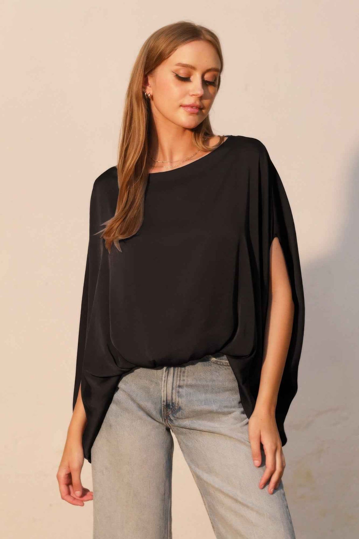 Washed Poly Silk Boat Neck Caftan Top