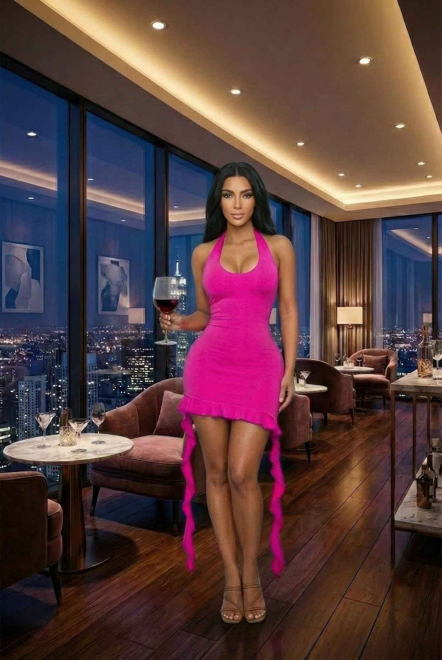 Solid Deep V Neck Mini Dress With Ruffle