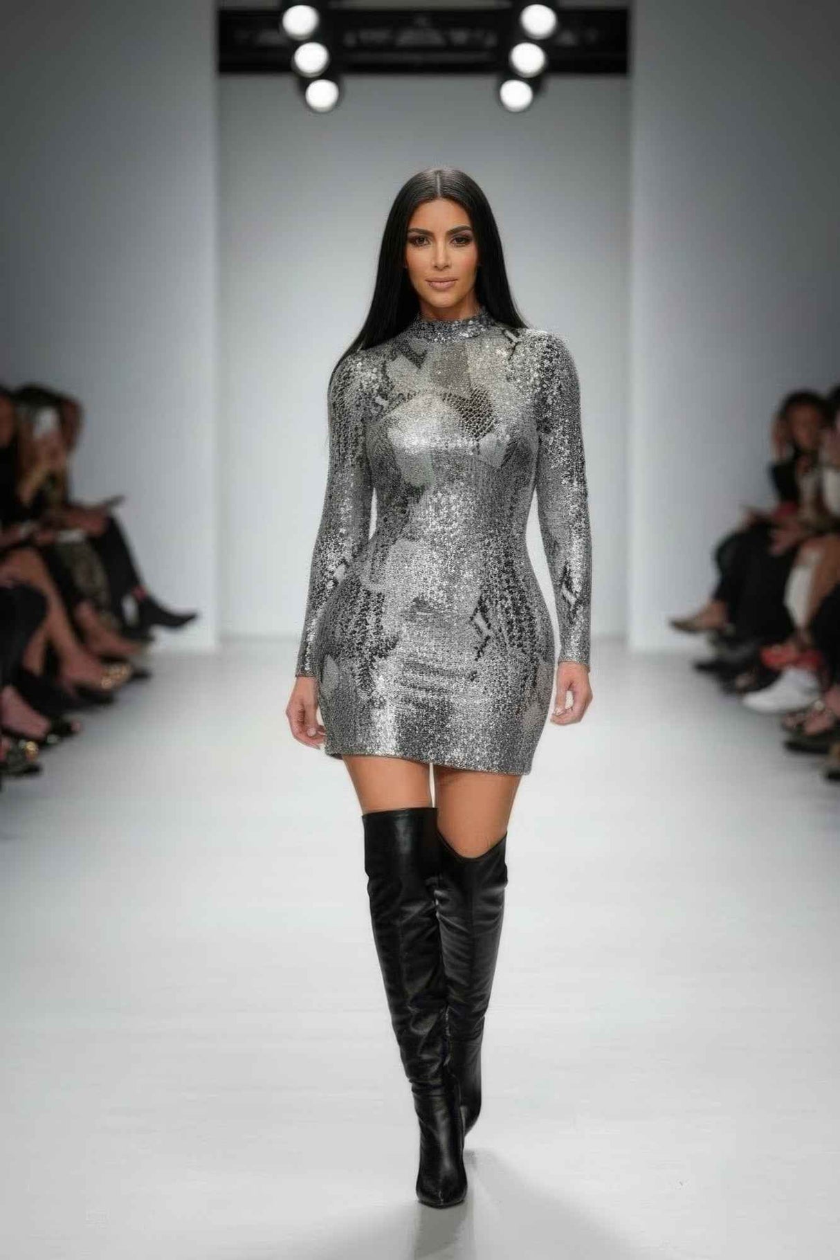 Long Sleeve Body Con Pu Silver Snake Mini
