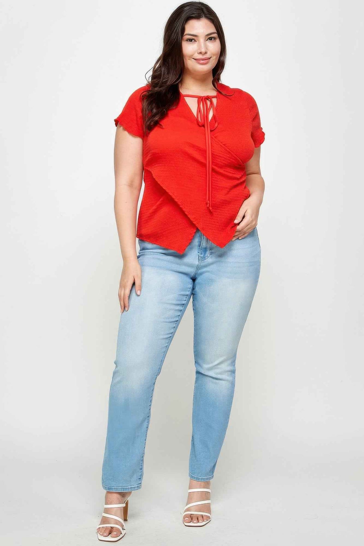 Plus Size Textured Wrap Top With Tie Neck