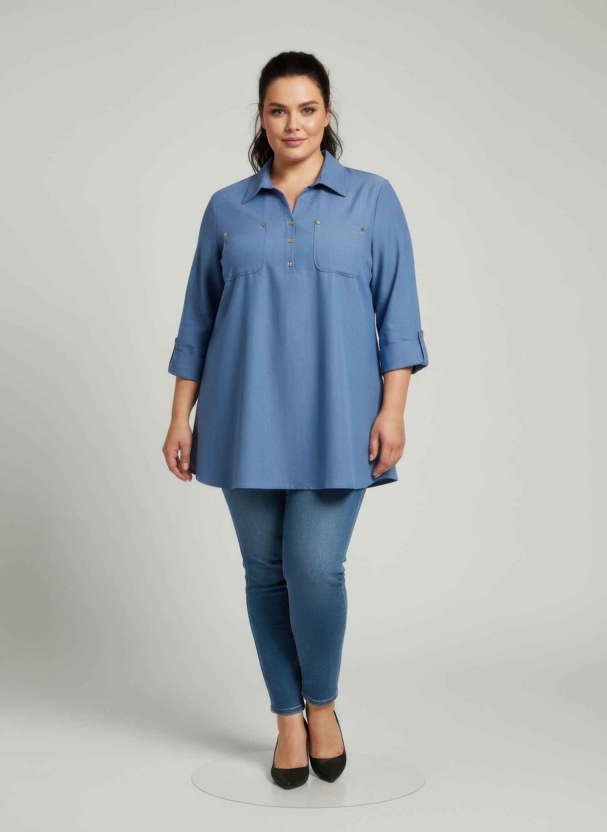 Blush Utility Button Front Roll Sleeve Blouse