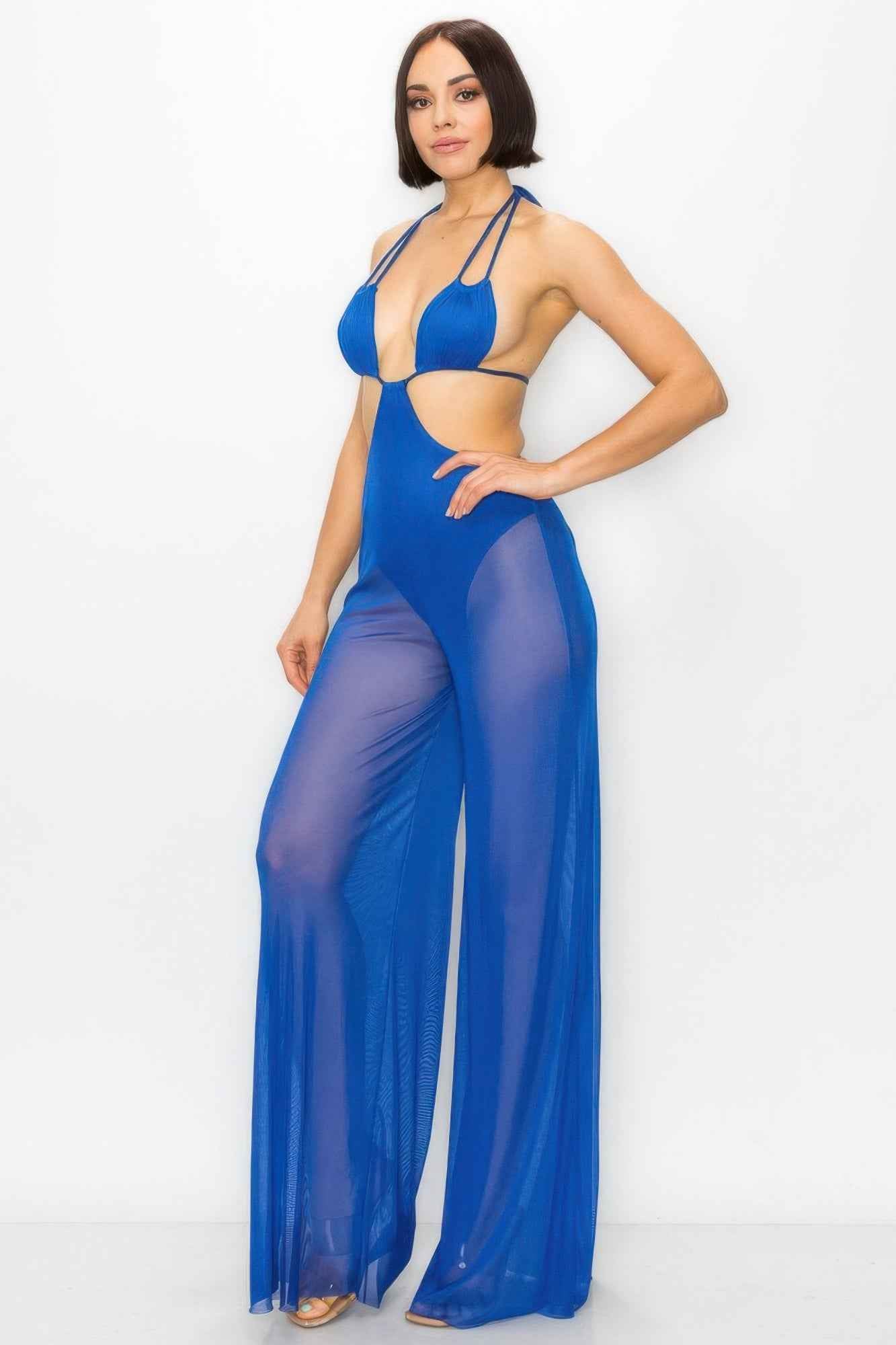 Bikini Top And Mesh Wide Pant Jumpsuit