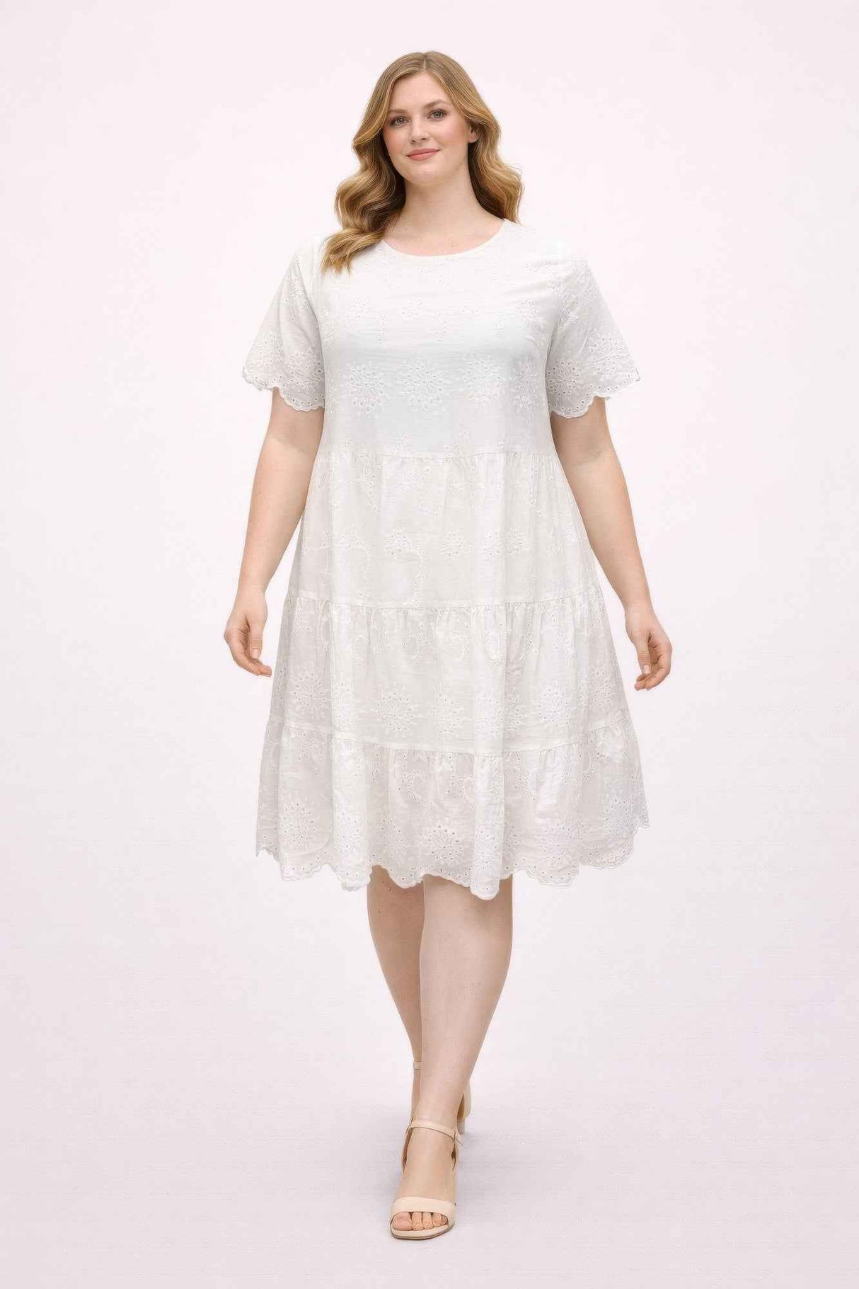 Plus Size White Eyelet Tiered Dress