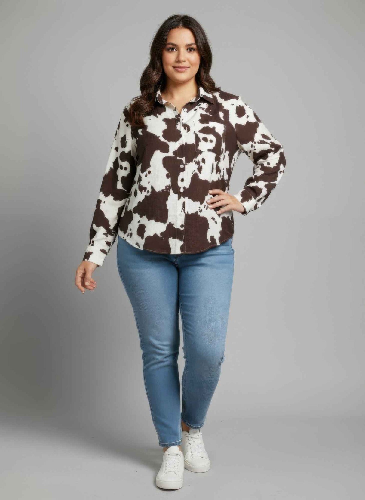 Cow Print Long Sleeve Button-up Shirt