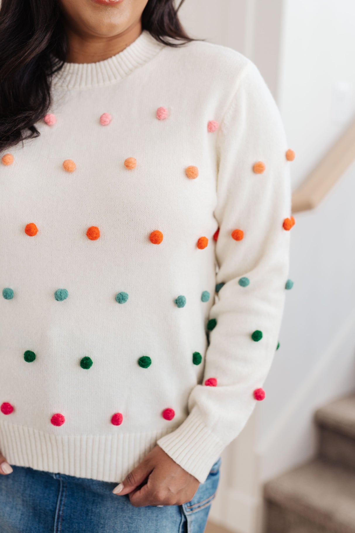 Candy Buttons Pom Detail Sweater - Liarian Unlimited Boutique