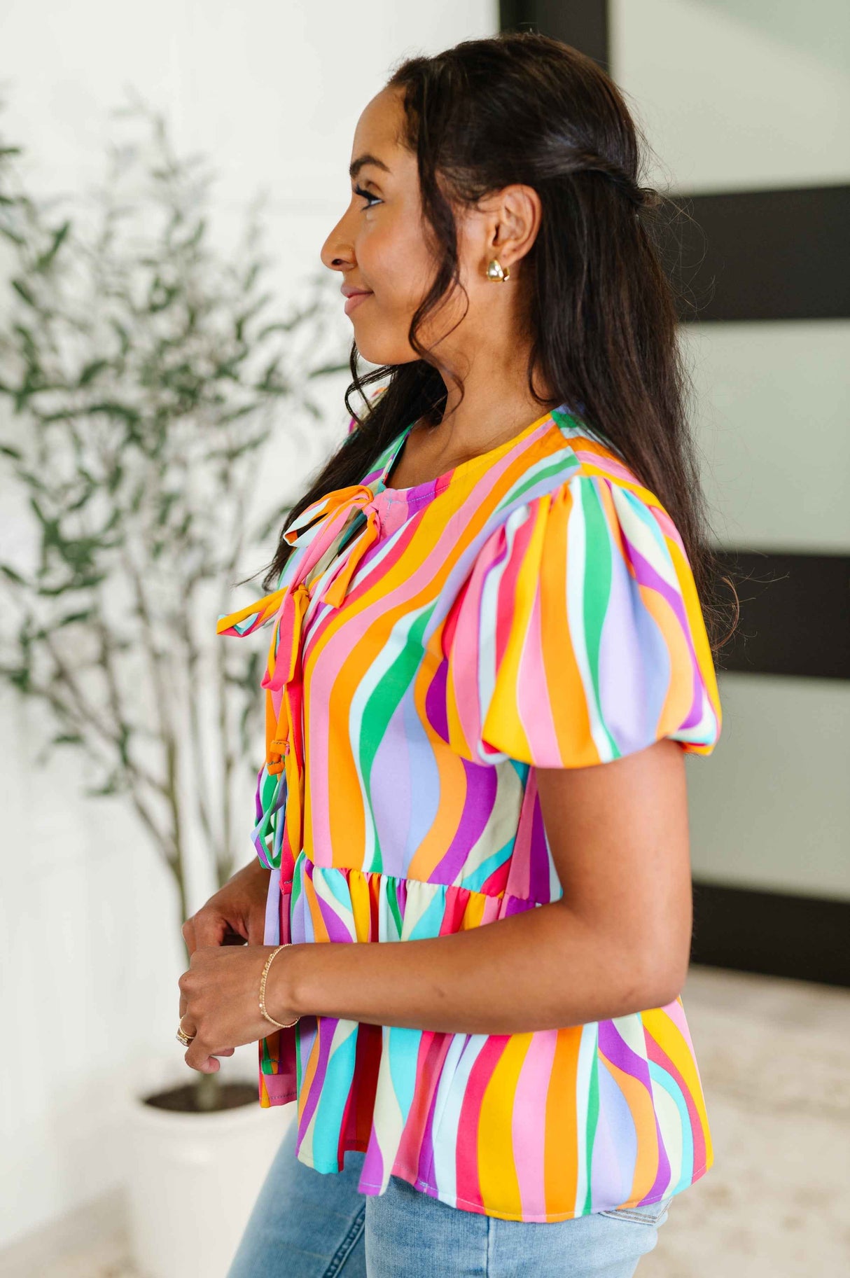Chromatide Puff Sleeve Blouse in Mint/Orange
