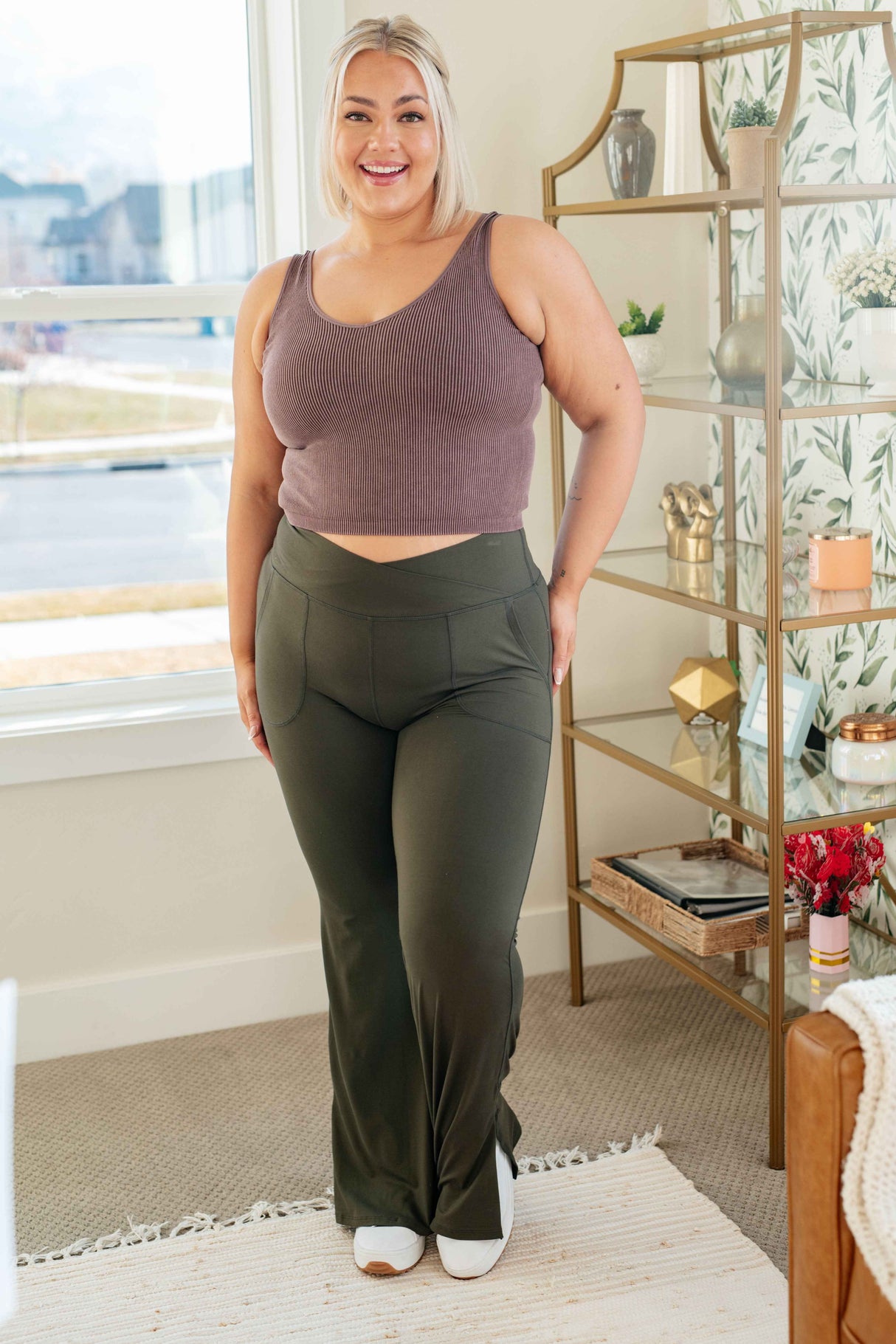On the Move V Front Flare Leggings in Olive - Liarian Unlimited Boutique