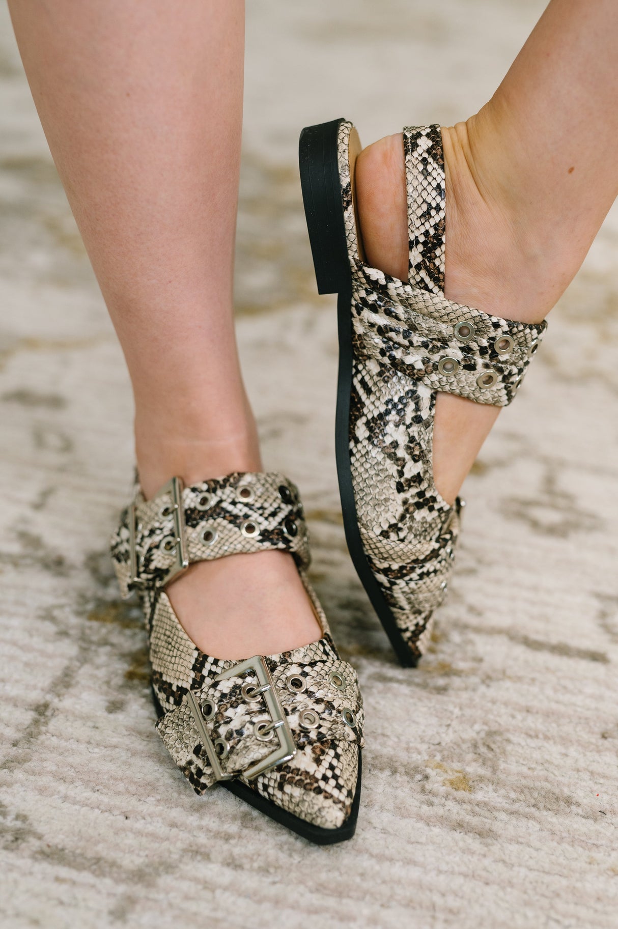 Crazy Train Buckle Pointy Toe Flats in Snakeskin