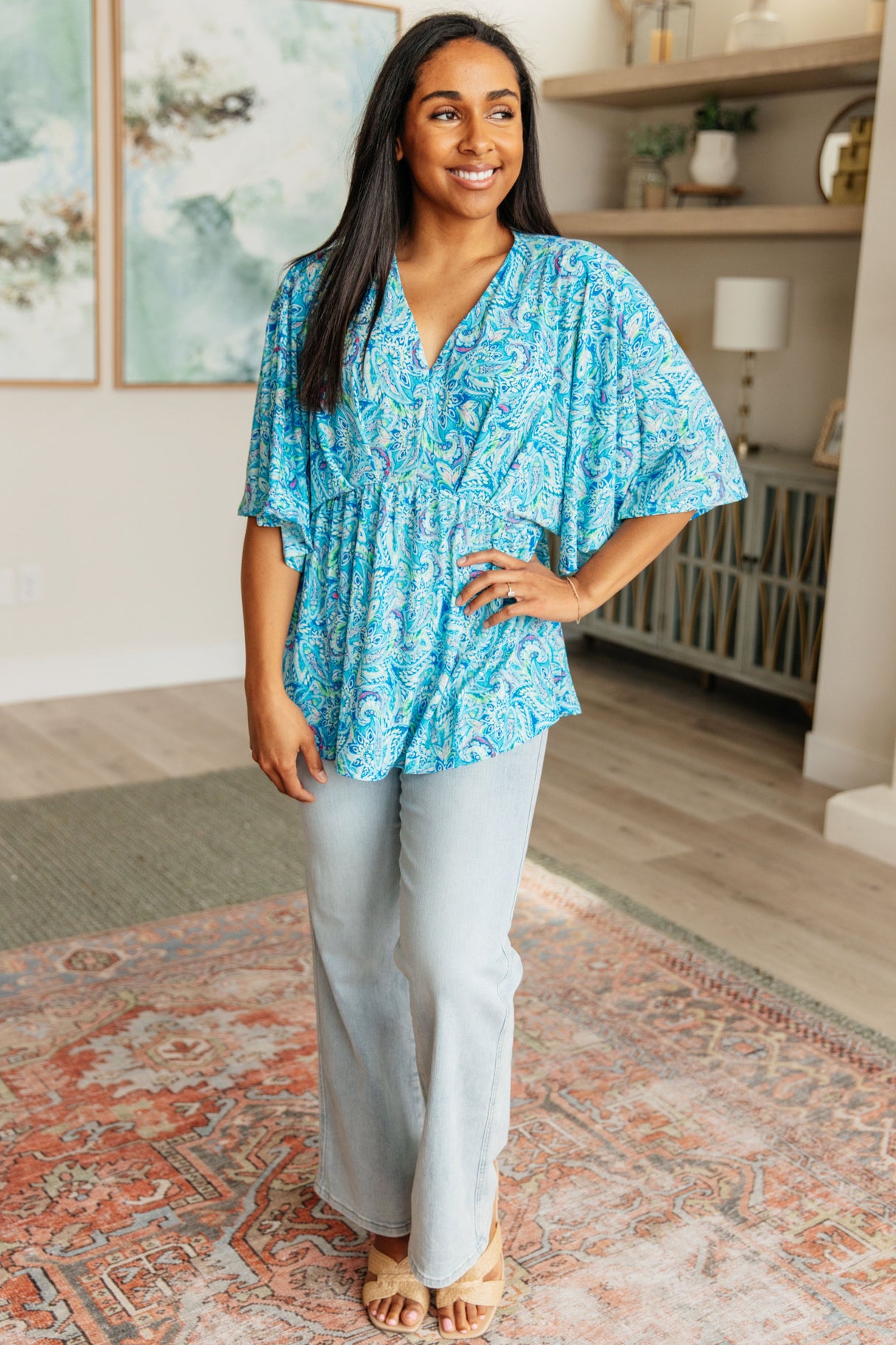 Top peplum Dreamer en estampado paisley azul y verde azulado