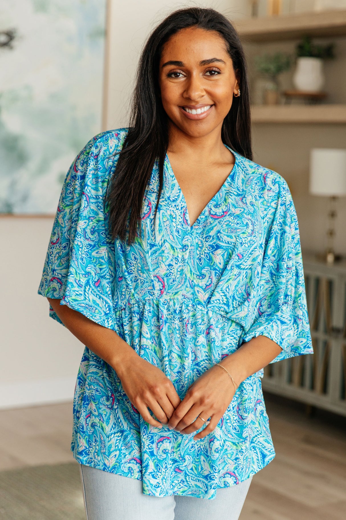 Top peplum Dreamer en estampado paisley azul y verde azulado