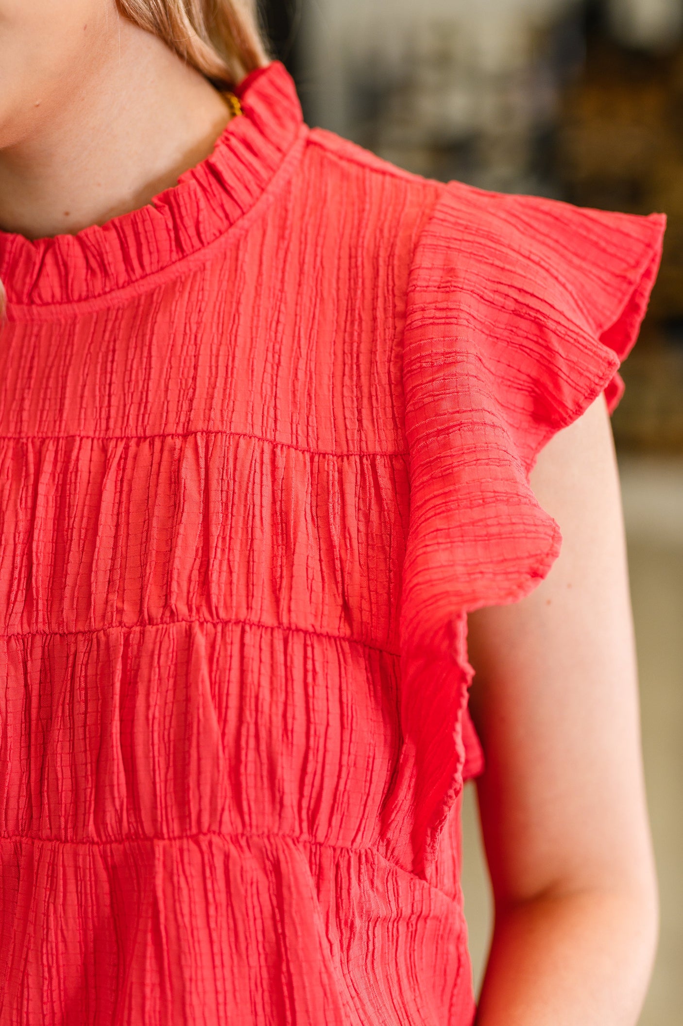 Float This Way Flutter Sleeve Blouse in Coral
