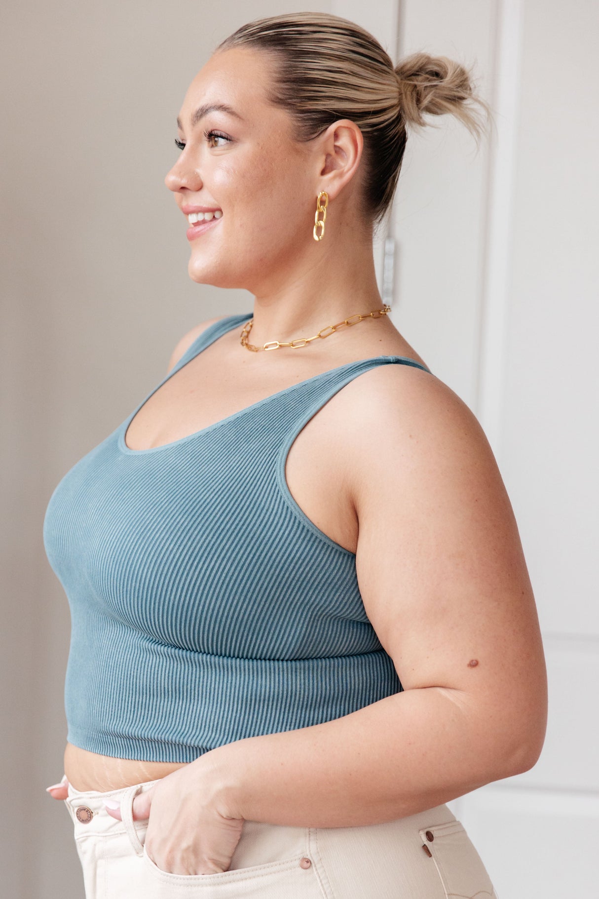 Fundamentals Ribbed Seamless Reversible Tank in Vintage Blue - Liarian Unlimited Boutique