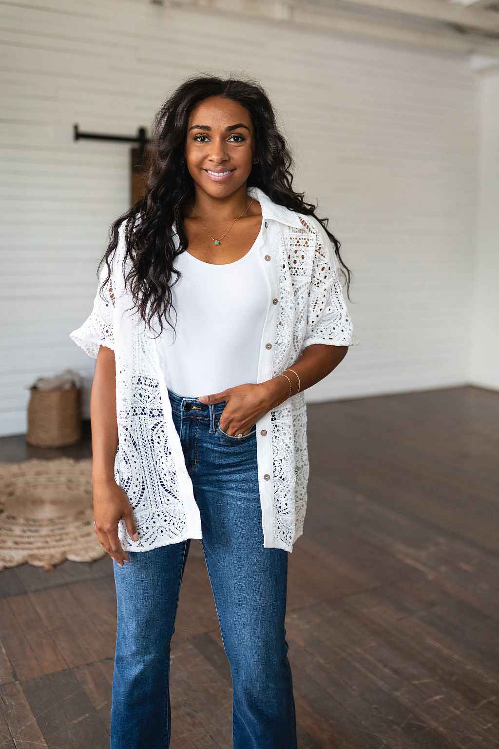 Head in the Clouds Lace Button Down - Liarian Unlimited Boutique