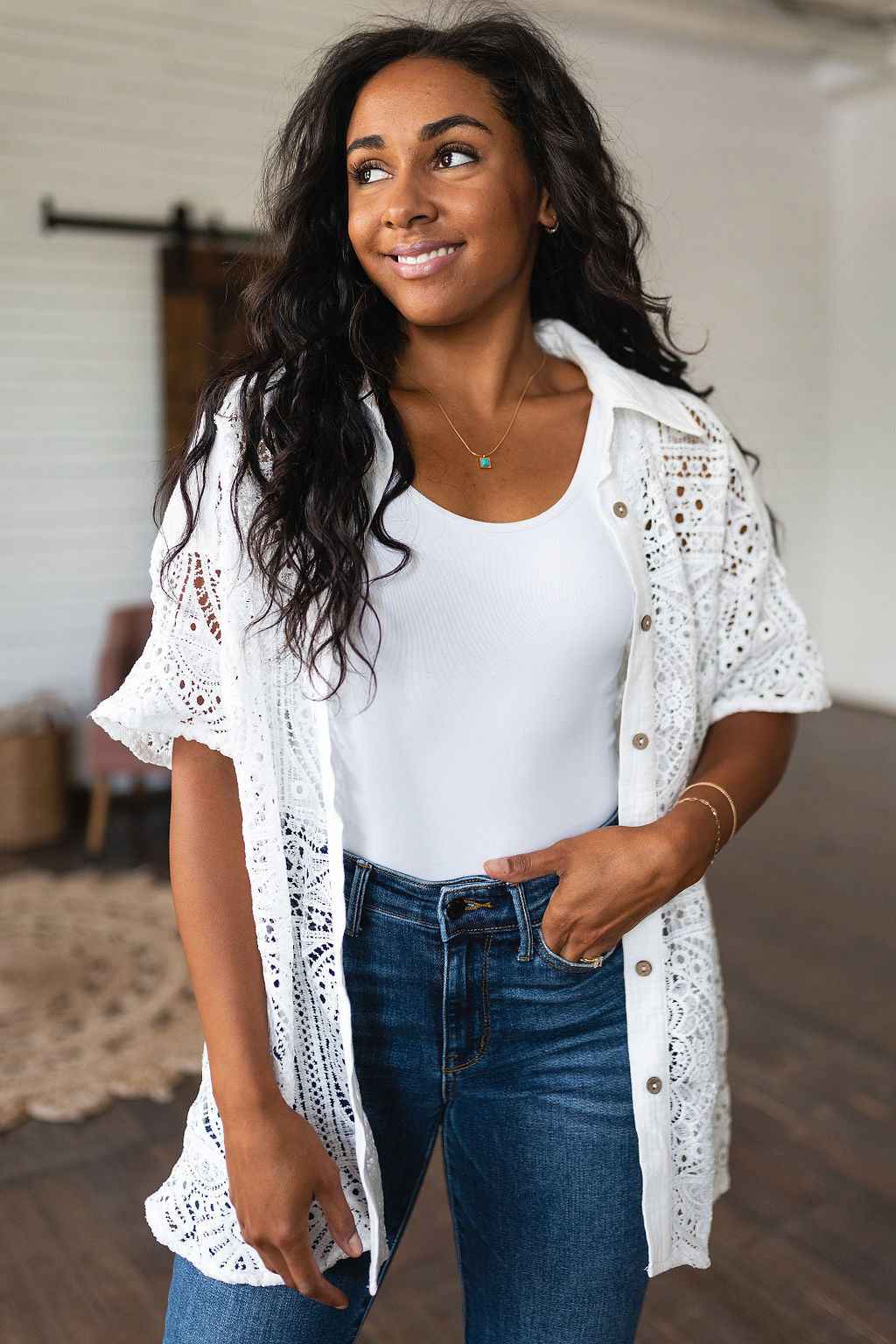 Head in the Clouds Lace Button Down - Liarian Unlimited Boutique