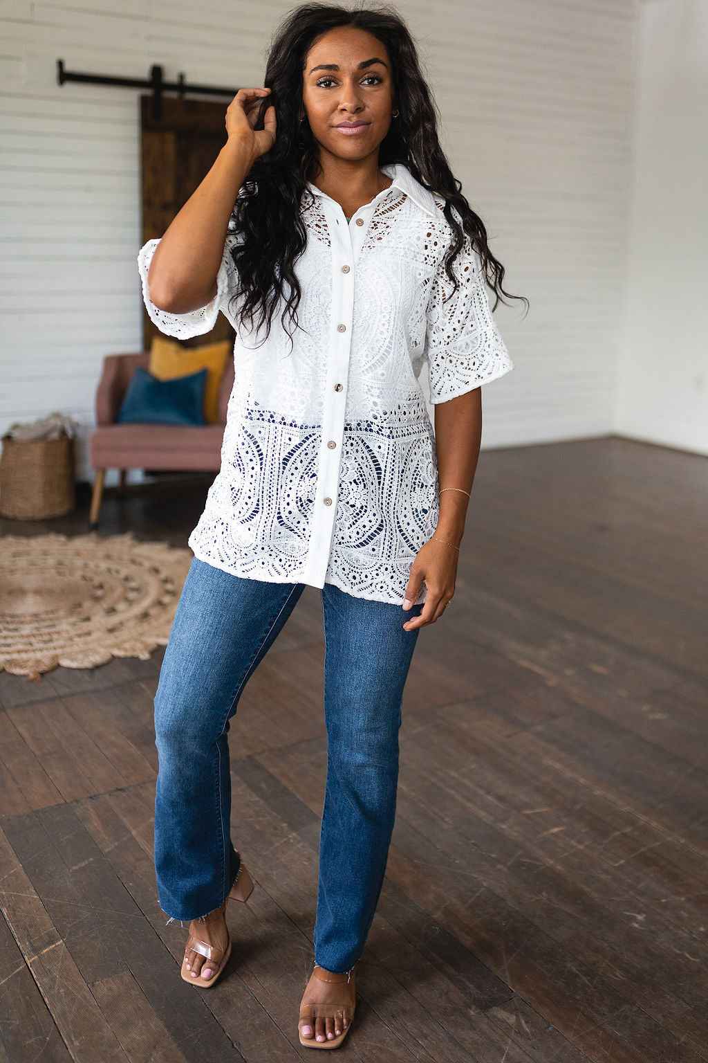 Head in the Clouds Lace Button Down - Liarian Unlimited Boutique