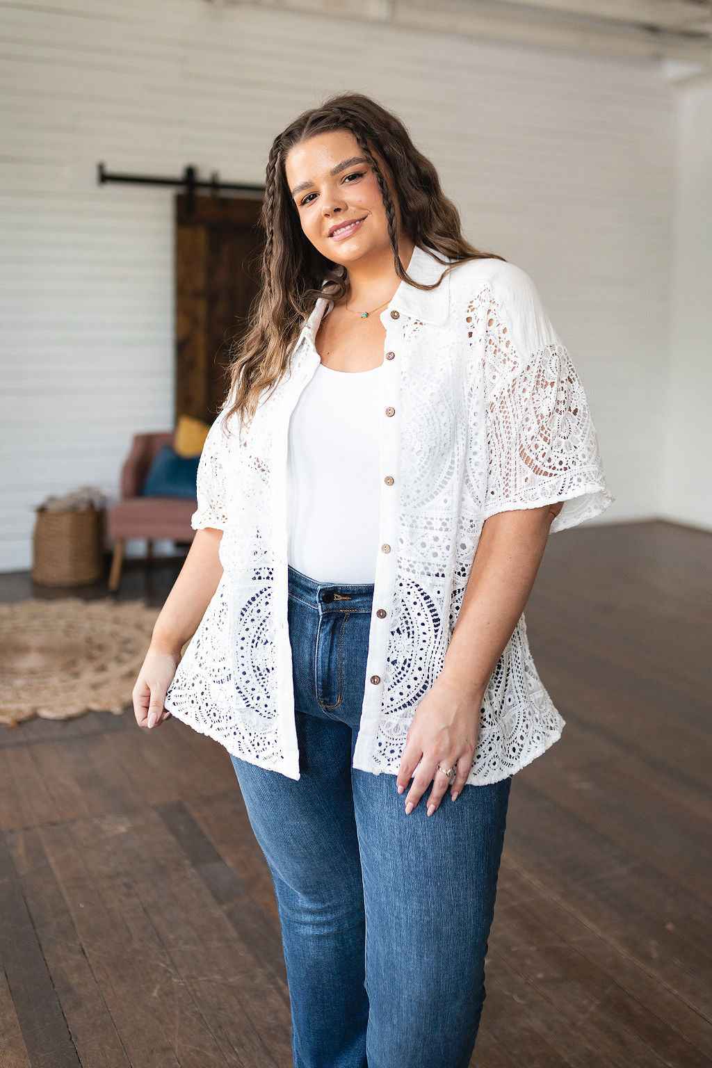 Head in the Clouds Lace Button Down - Liarian Unlimited Boutique