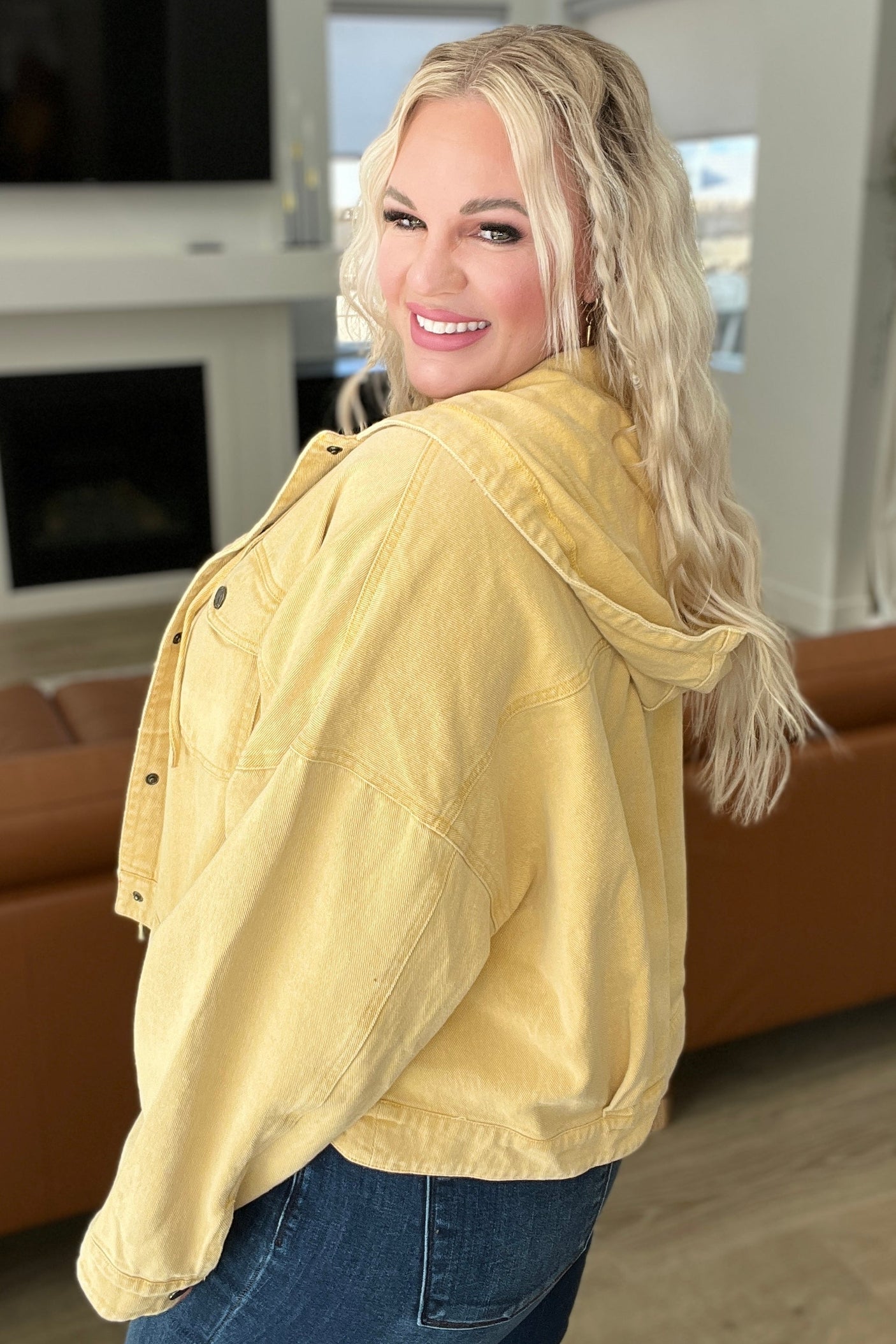 Cropped Hooded Denim Jacket in Mustard - Liarian Unlimited Boutique