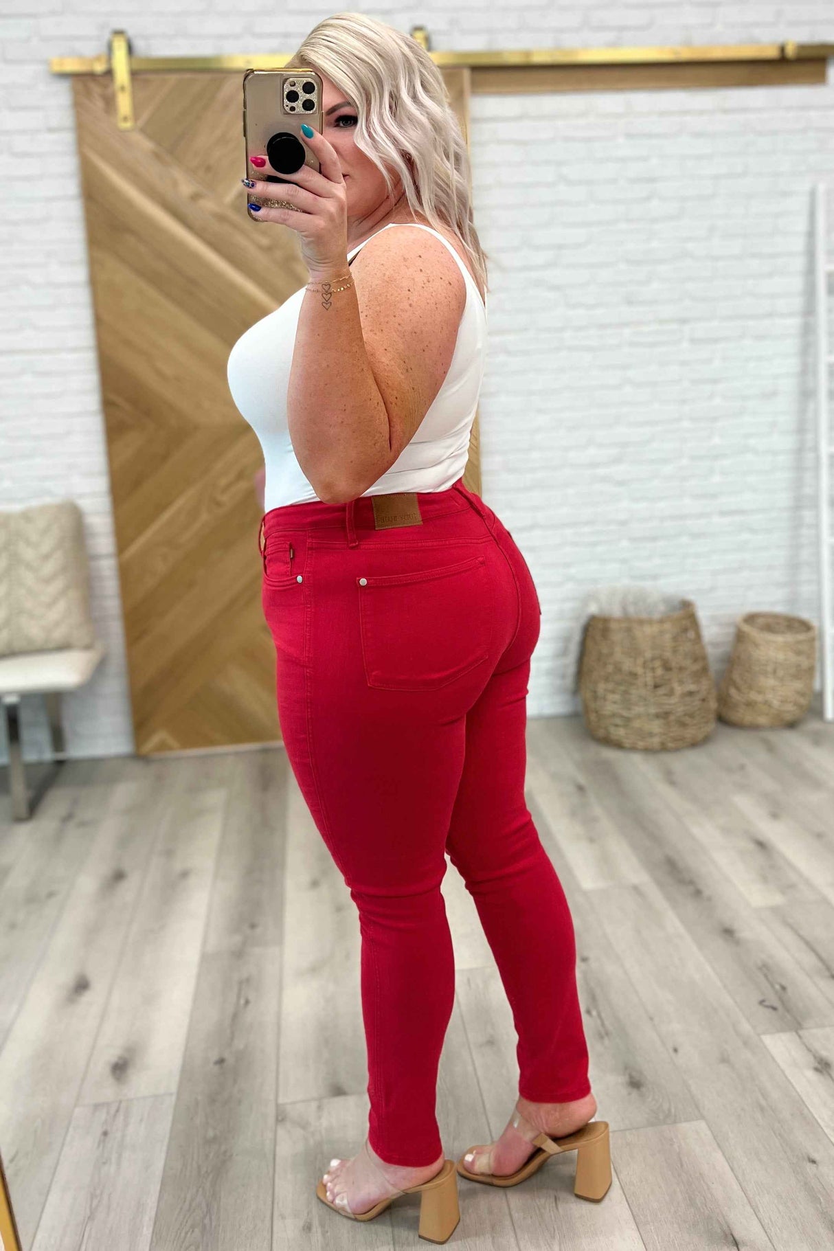 Ruby High Rise Control Top Garment Dyed Skinny Jeans in Red - Liarian Unlimited Boutique