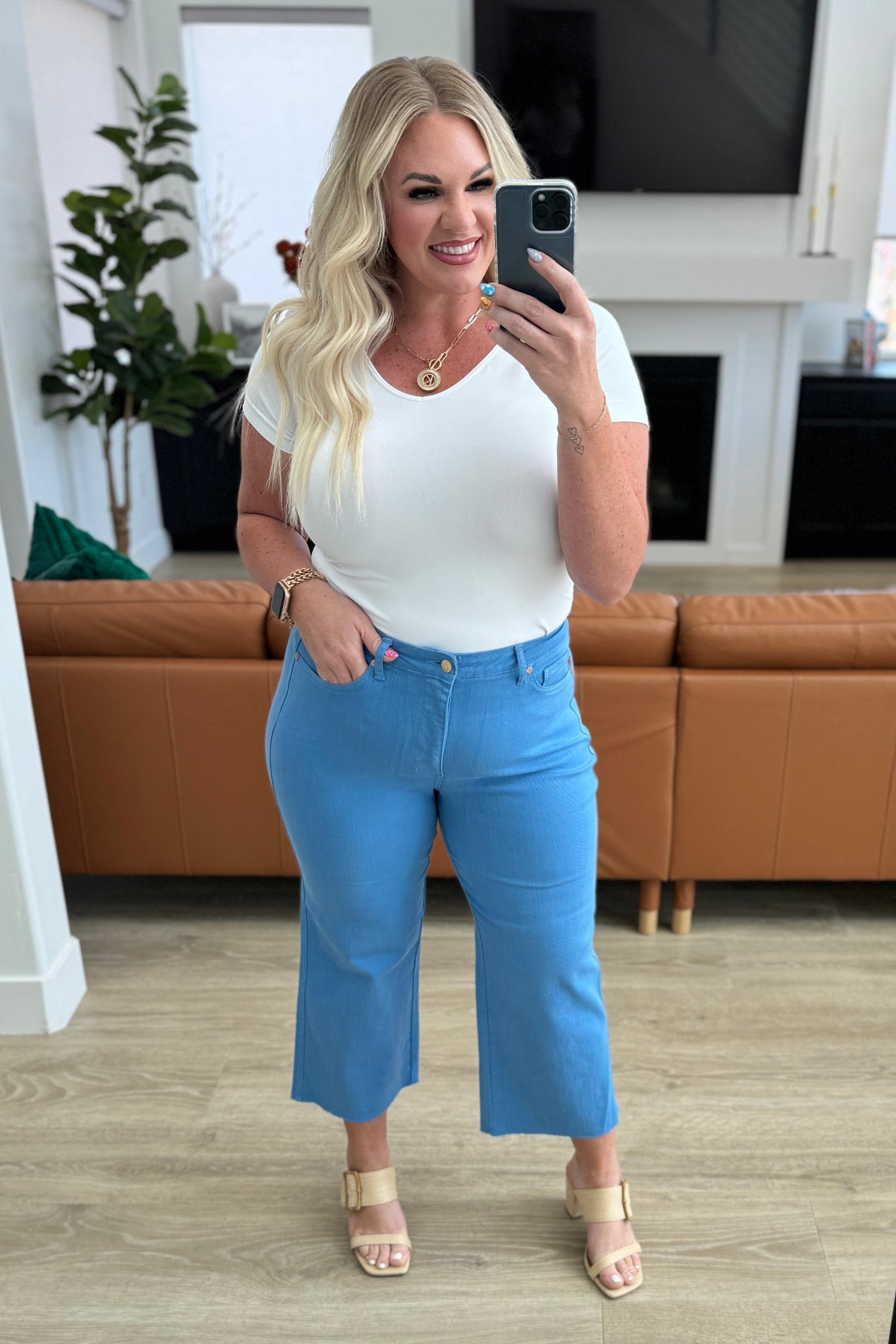 Lisa High Rise Control Top Wide Leg Crop Jeans in Sky Blue - Liarian Unlimited Boutique